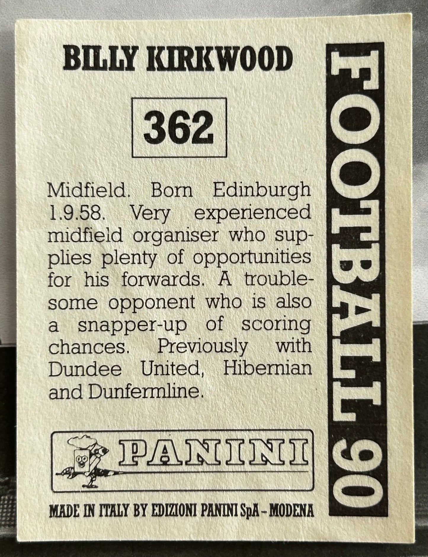 Panini Football 90 Sticker - BILLY KIRKWOOD (DUNDEE) #362