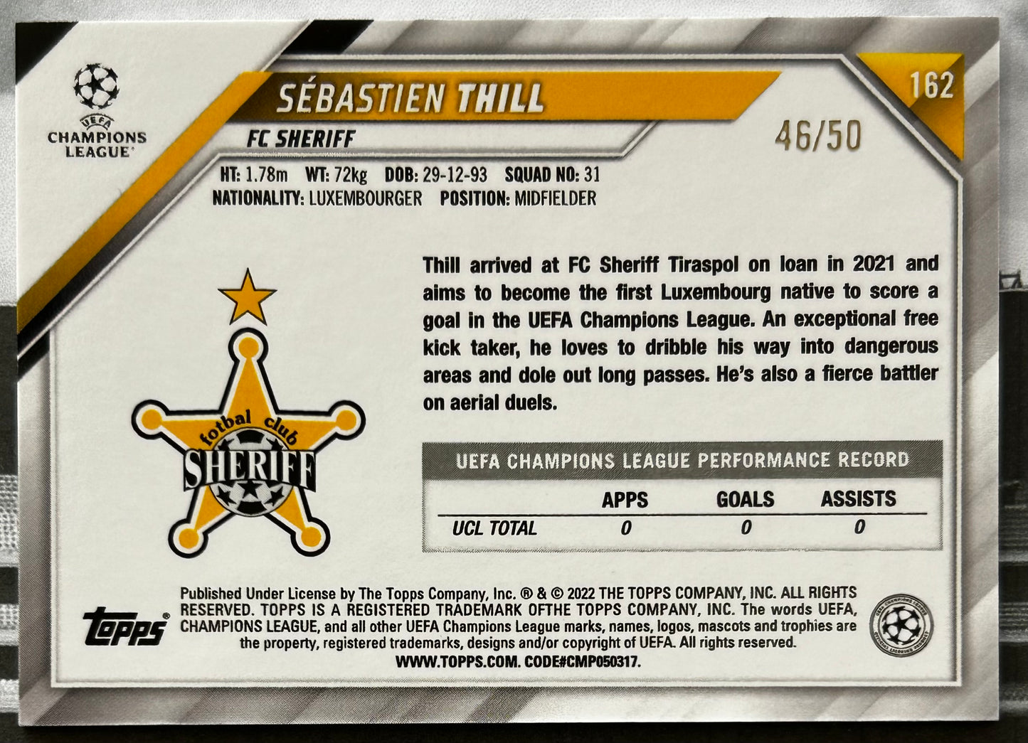 Topps UEFA Chrome Sapphire 2021-22 - SEBASTIEN THILL (FC SHERIFF) Rookie RC Orange Parallel #40 /50