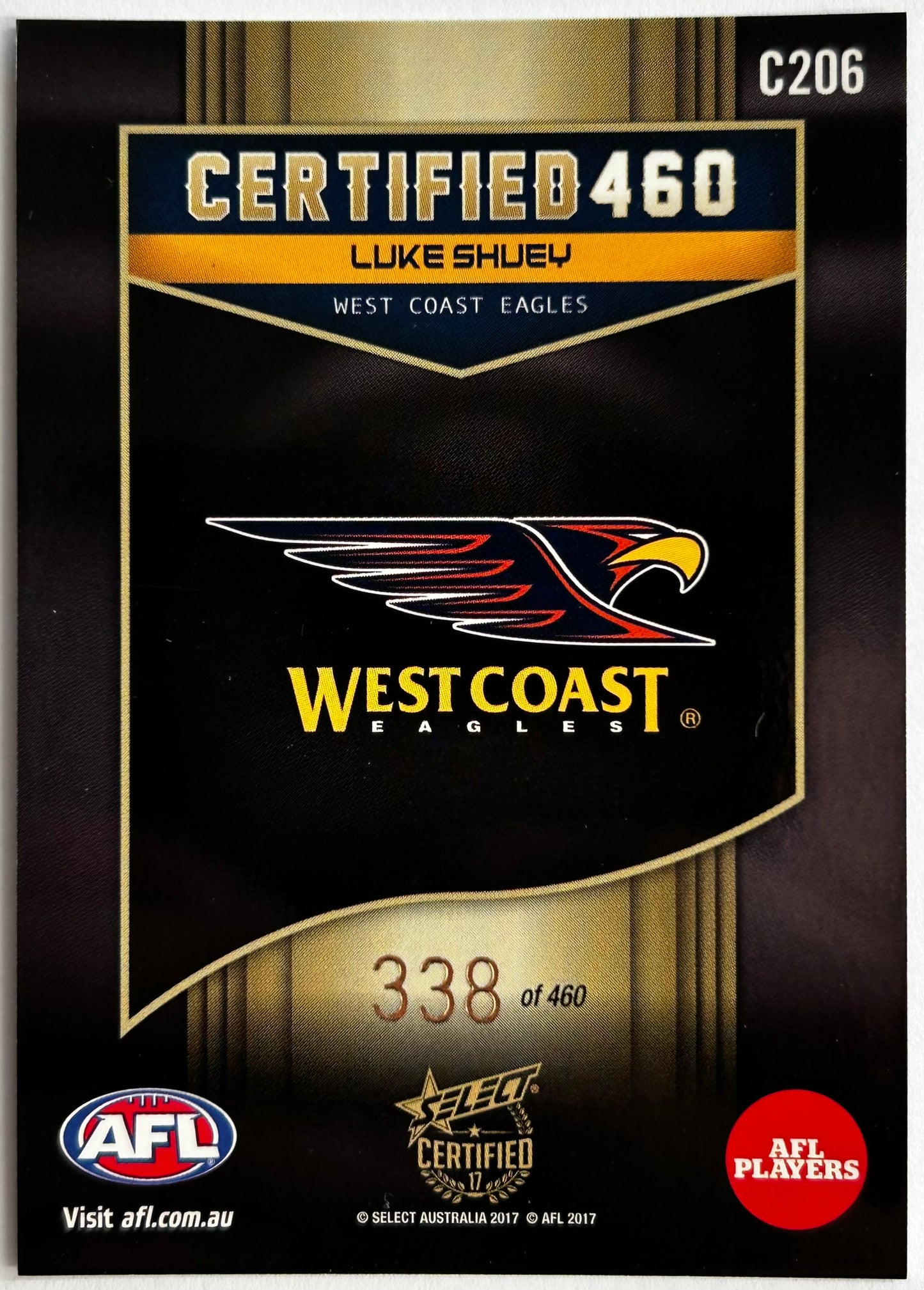Select AFL 2017 Certified - LUKE SHUEY (WEST COAST EAGLES) Certified 460 C206