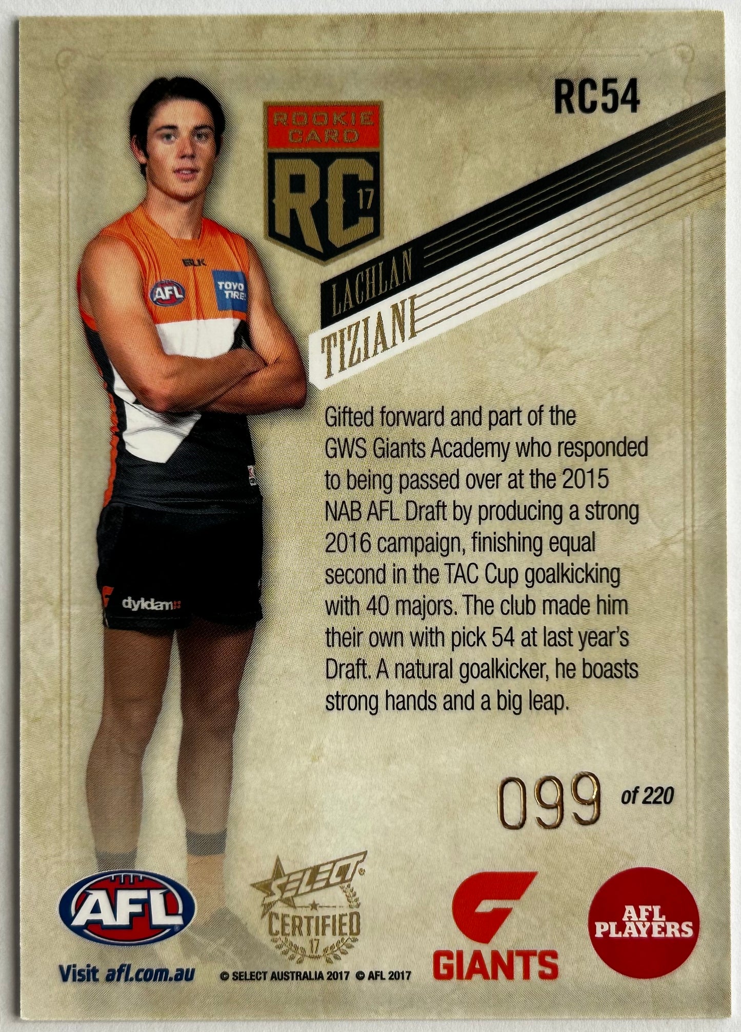 Select AFL 2017 Certified - LACHLAN TIZIANI (GWS GIANTS) Rookie Card RC54