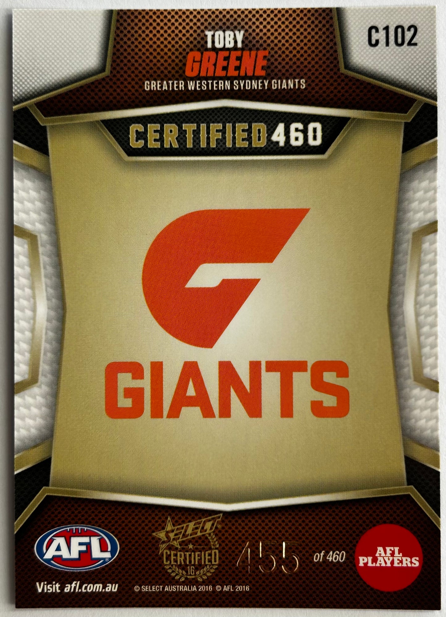 Select AFL 2016 Certified - TOBY GREENE (GWS GIANTS) Certified 460 C102