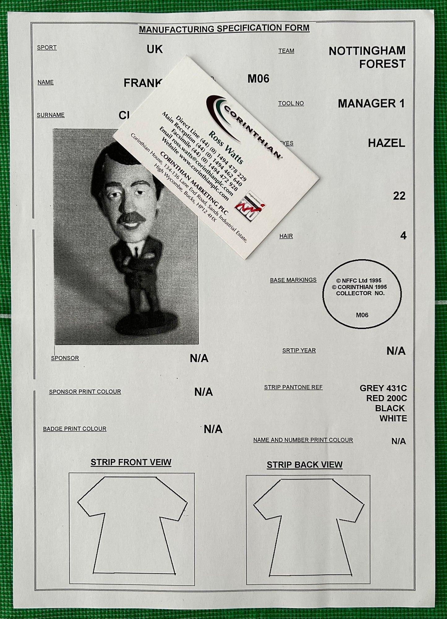 Corinthian Manufacturing Specification Form - FRANK CLARK (NOTTINGHAM FOREST) Manager M06