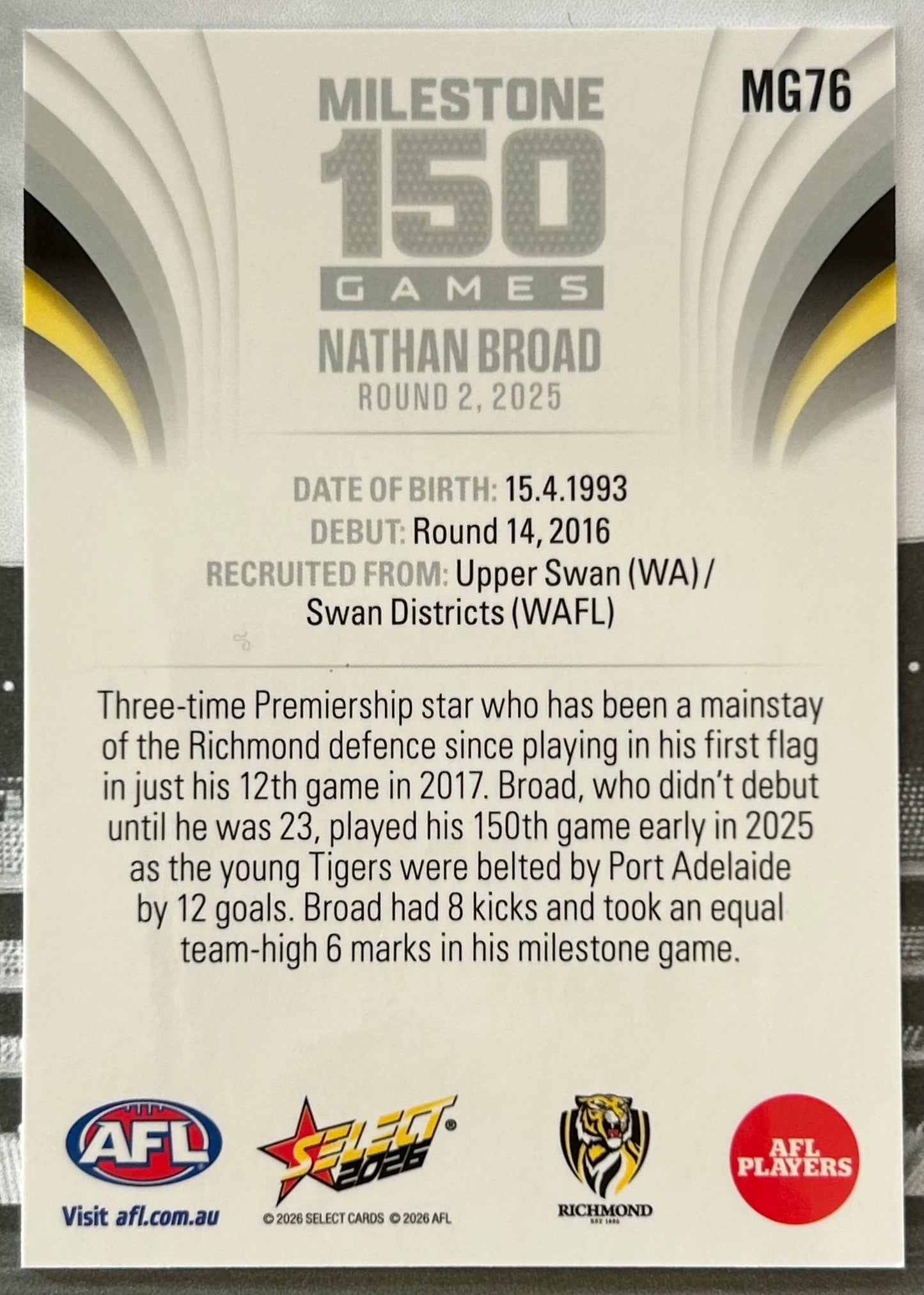Select AFL Footy Stars 2026 - NATHAN BROAD (RICHMOND TIGERS) Milestone 150 Games MG76