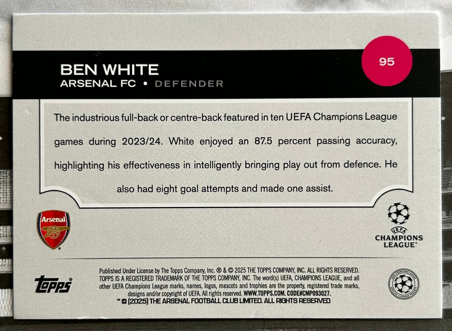 2024-25 Topps UEFA Club Competitions - BEN WHITE (ARSENAL) Base #95