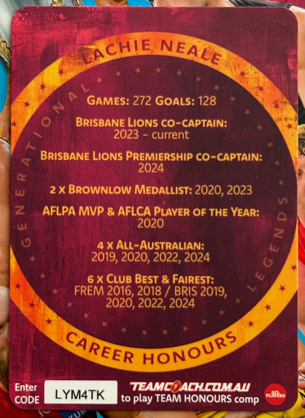 AFL Teamcoach 2025 - LACHIE NEALE (BRISBANE) Generational Legends GL-02 1:60 pks