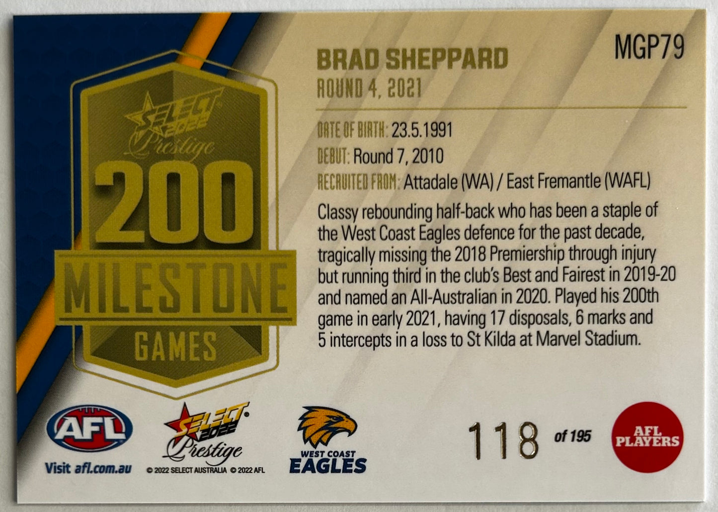 2022 AFL Select Prestige - BRAD SHEPPARD (WEST COAST EAGLES) Milestones MGP79 /195
