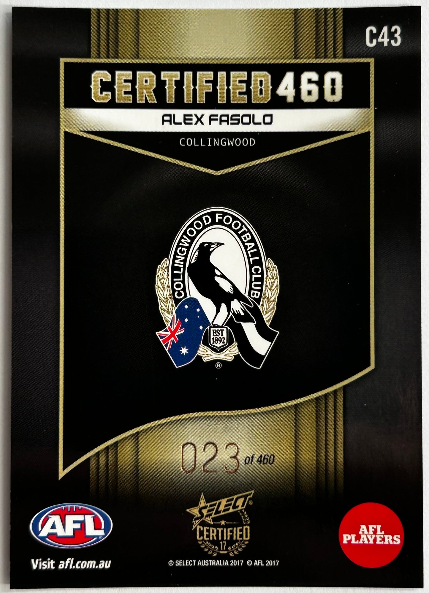 Select AFL 2017 Certified - ALEX FASOLO (COLLINGWOOD) Certified 460 C43