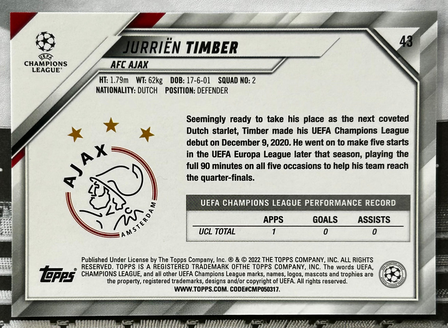 Topps UEFA Chrome Sapphire 2021-22 - JURRIEN TIMBER (AFC AJAX) #43
