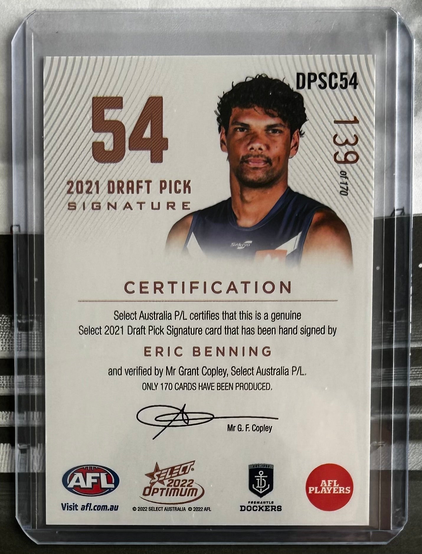 Select AFL Optimum 2022 - ERIC BENNING (FREMANTLE DOCKERS) Draft Pick Signature Copper DPSC54 /170