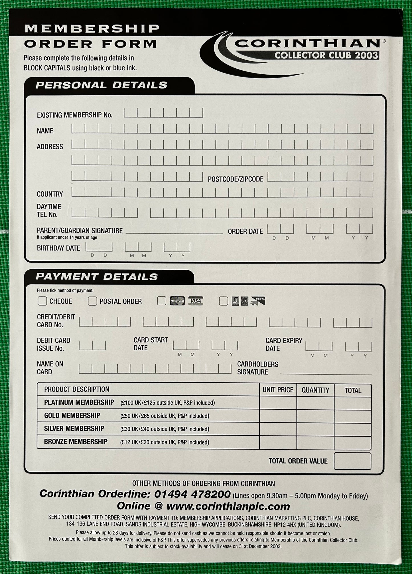 Corinthian Collector Club 2003 Promotional Flyer & Membership Order Form