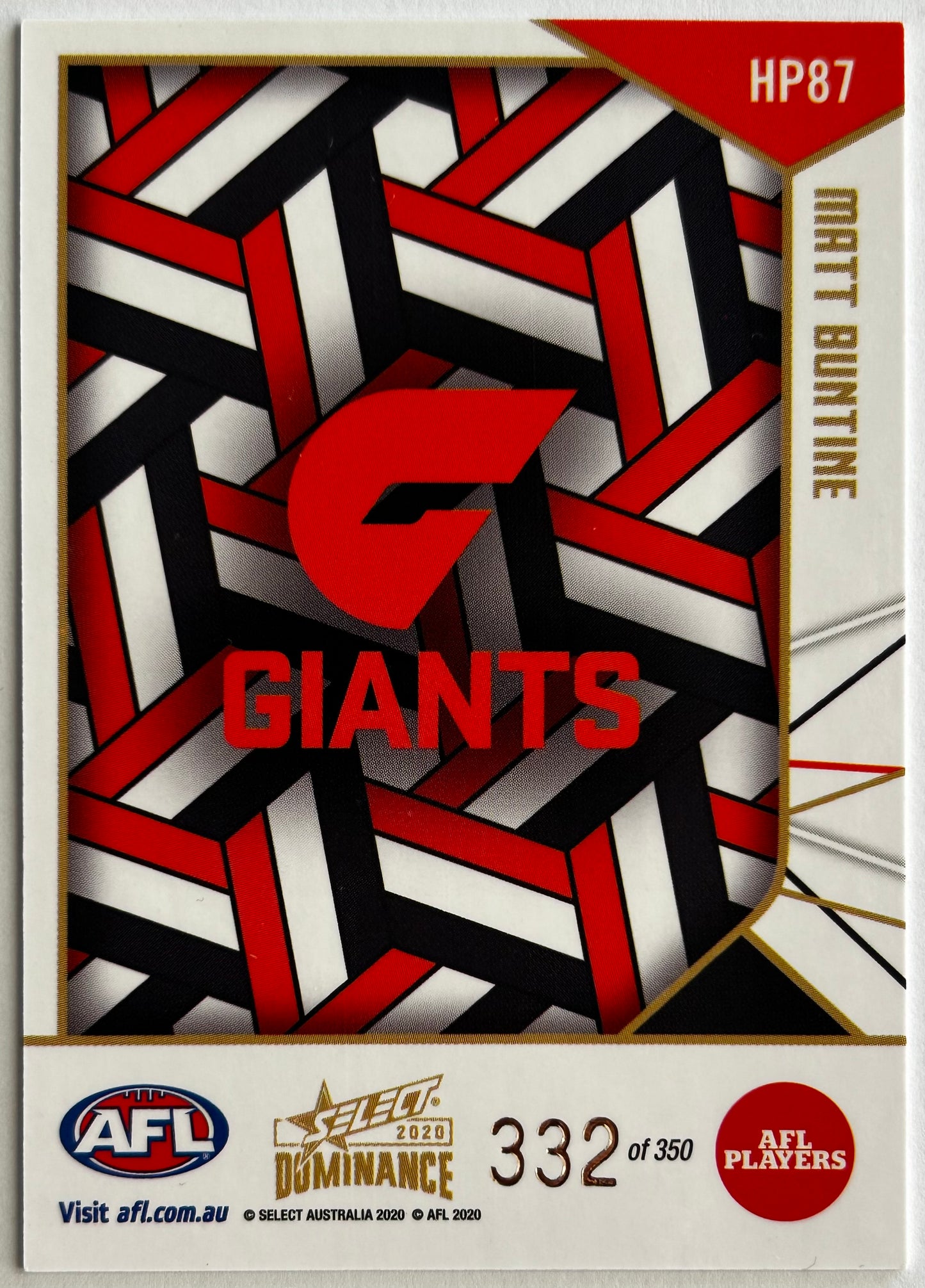2020 AFL Select Dominance - MATT BUNTINE (GWS GIANTS) Holographic Parallel HP87 /350