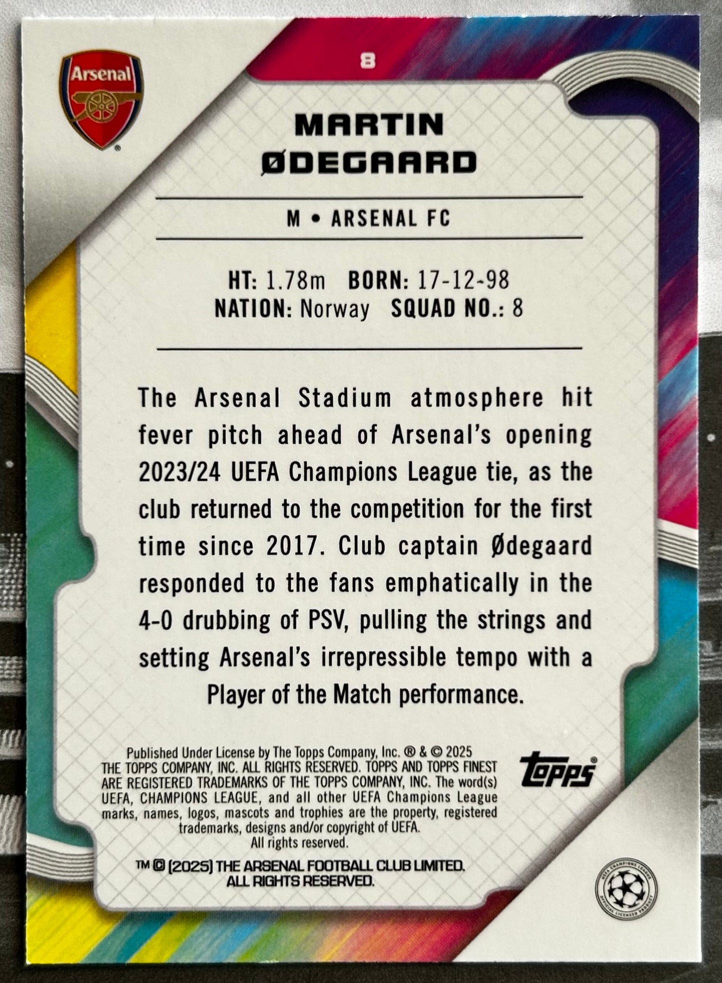 2024-25 Topps Finest UEFA Club Competitions - MARTIN ØDEGAARD (ARSENAL) Base #8