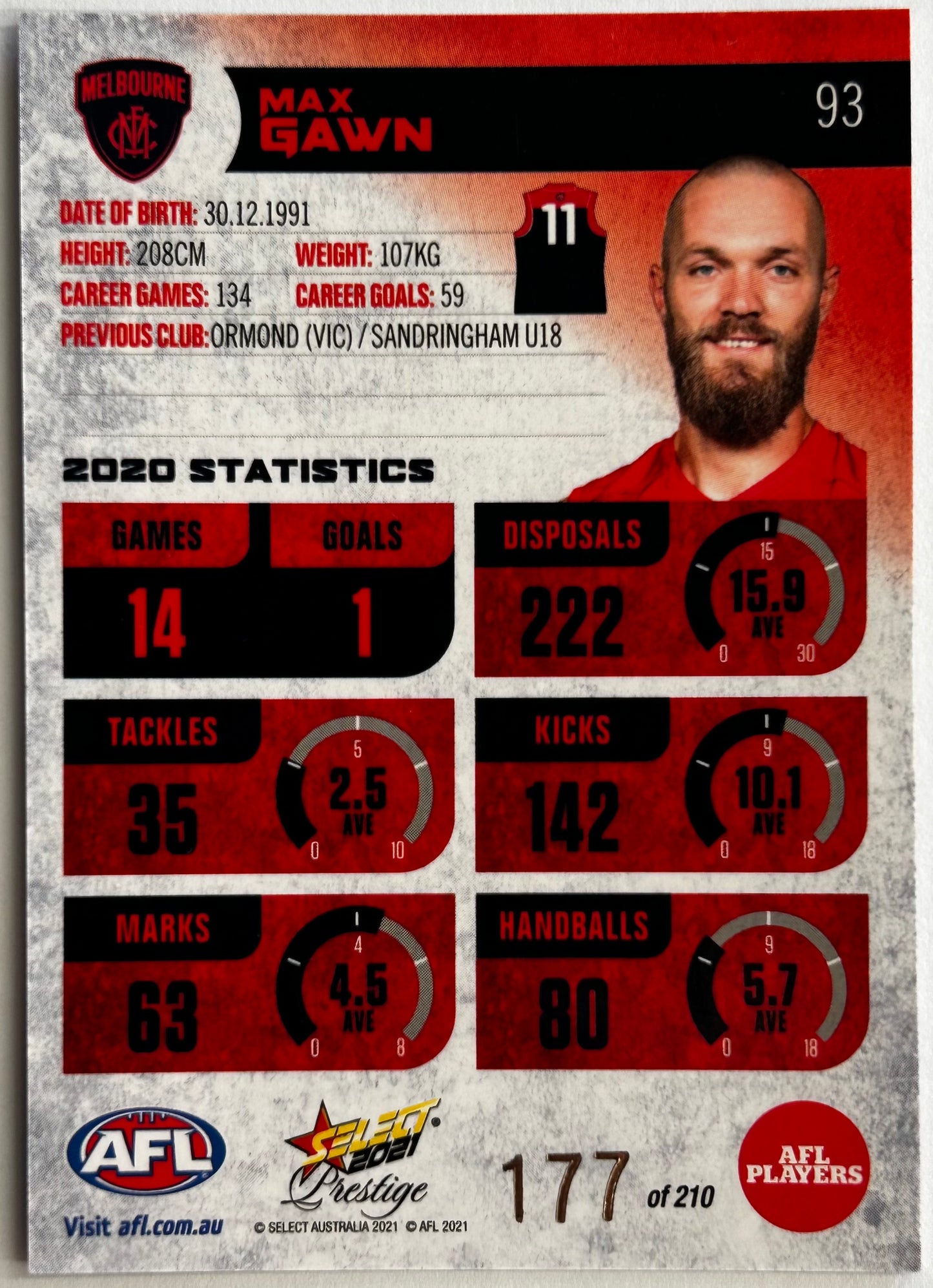 2021 AFL Select Prestige - MAX GAWN (MELBOURNE) Orange Parallel #93 /210