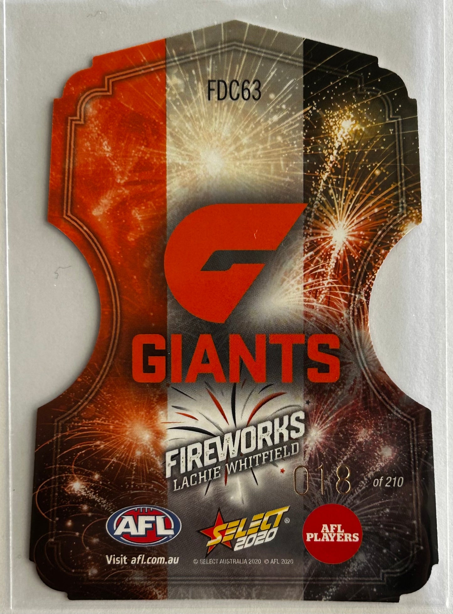 Select AFL Footy Stars 2020 - LACHIE WHITFIELD (GWS GIANTS) Fireworks FDC63 /210