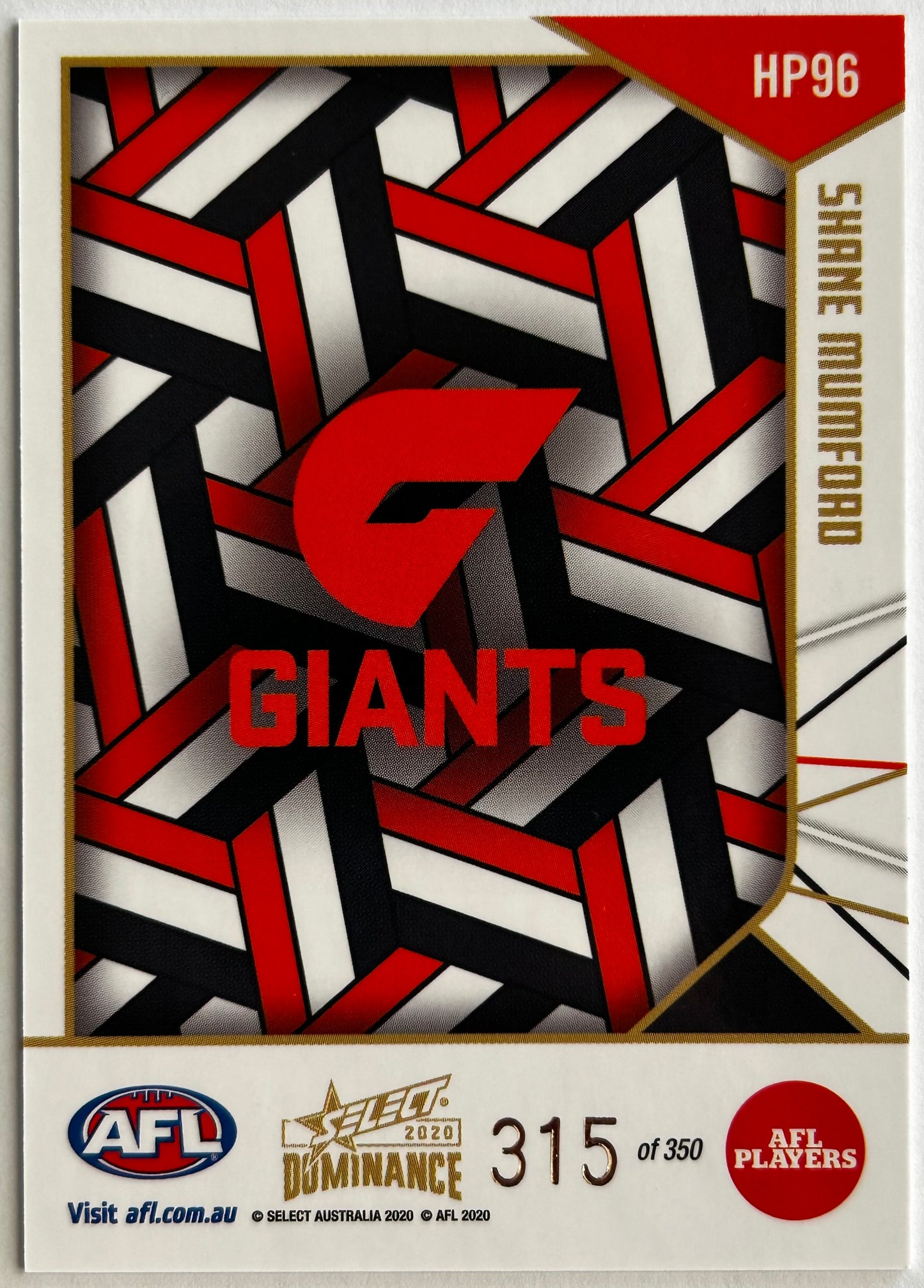 2020 AFL Select Dominance - SHANE MUMFORD (GWS GIANTS) Holographic Parallel HP96 /350