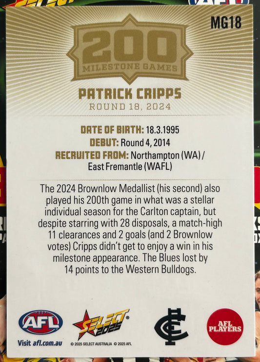 Select AFL 2025 Footy Stars - PATRICK CRIPPS (CARLTON) 200 Milestone Games MG18