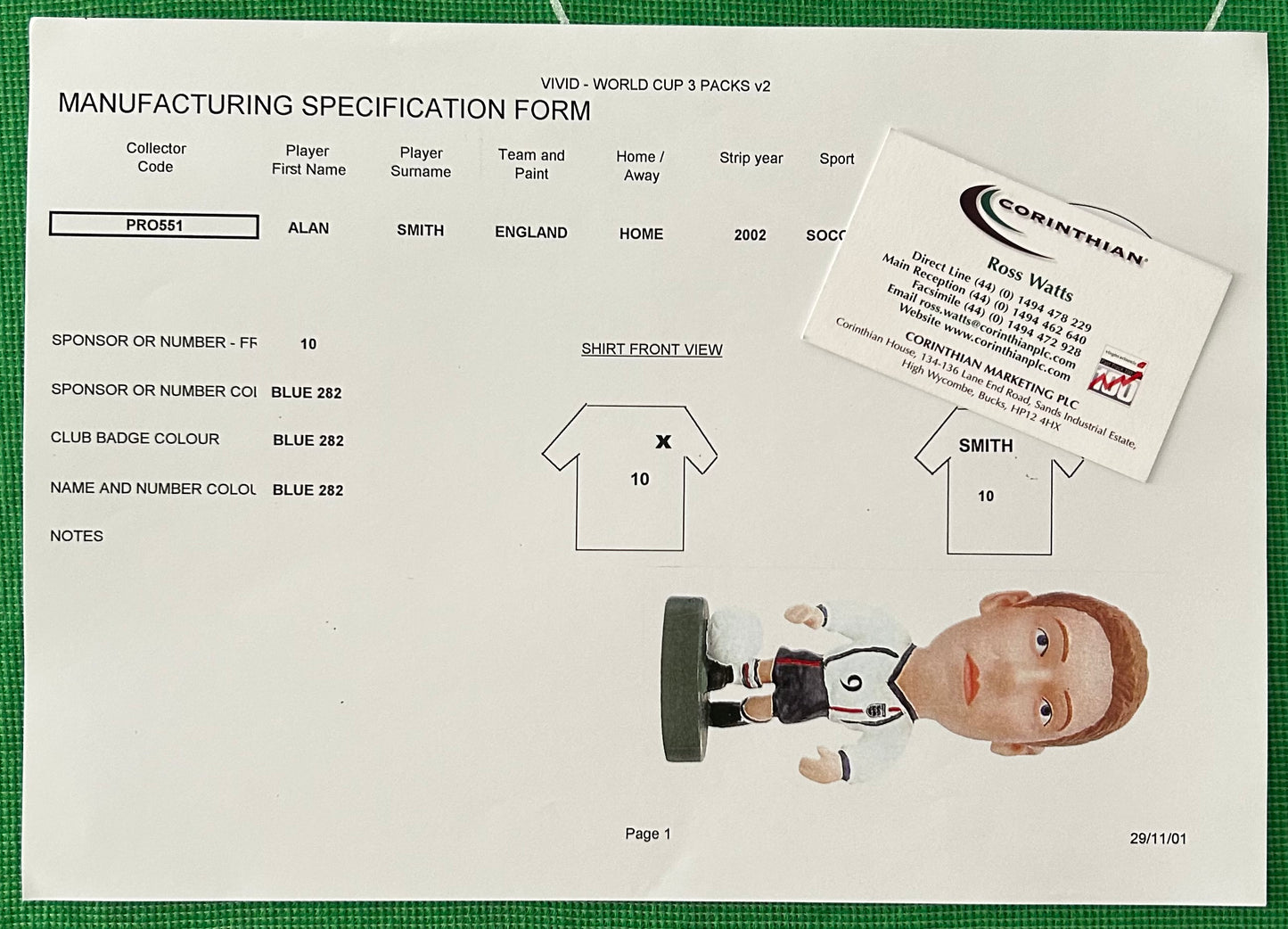 Corinthian ProStars Manufacturing Specification Form - ALAN SMITH (ENGLAND) Vivid World Cup 2002 3 Packs PRO551