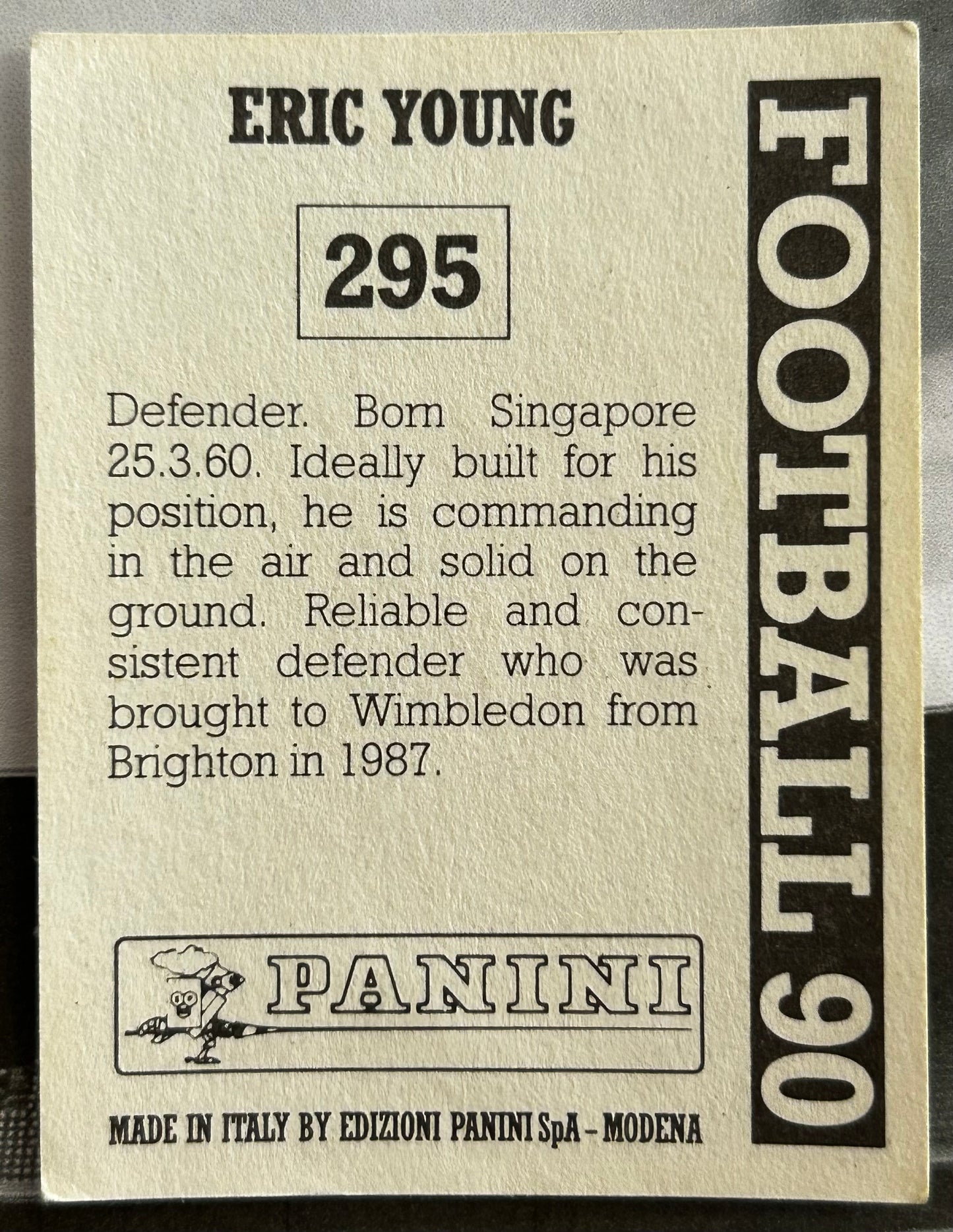 Panini Football 90 Sticker - ERIC YOUNG (WIMBLEDON) #295