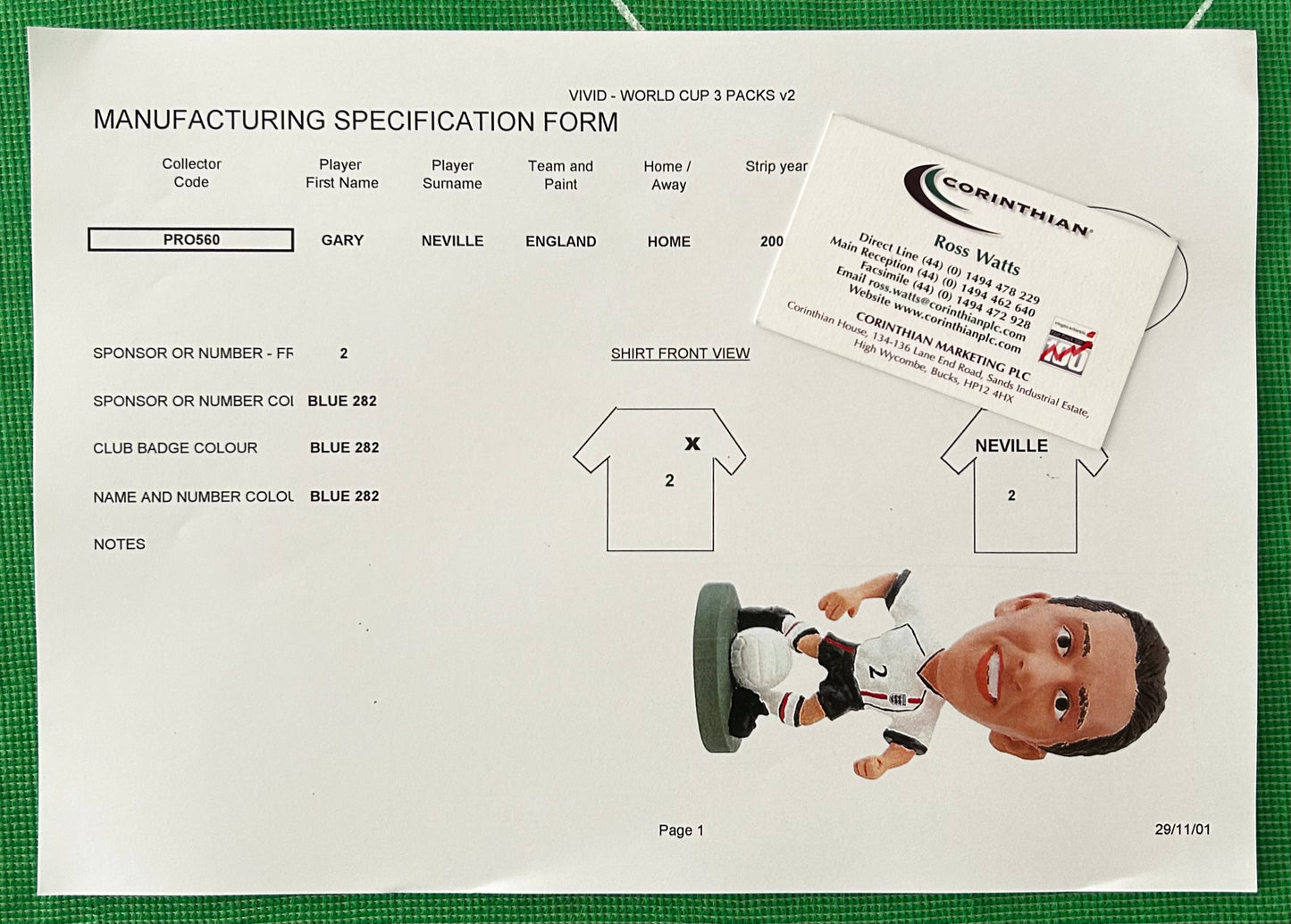 Corinthian ProStars Manufacturing Specification Form - GARY NEVILLE (ENGLAND) Vivid World Cup 2002 3 Packs PRO560