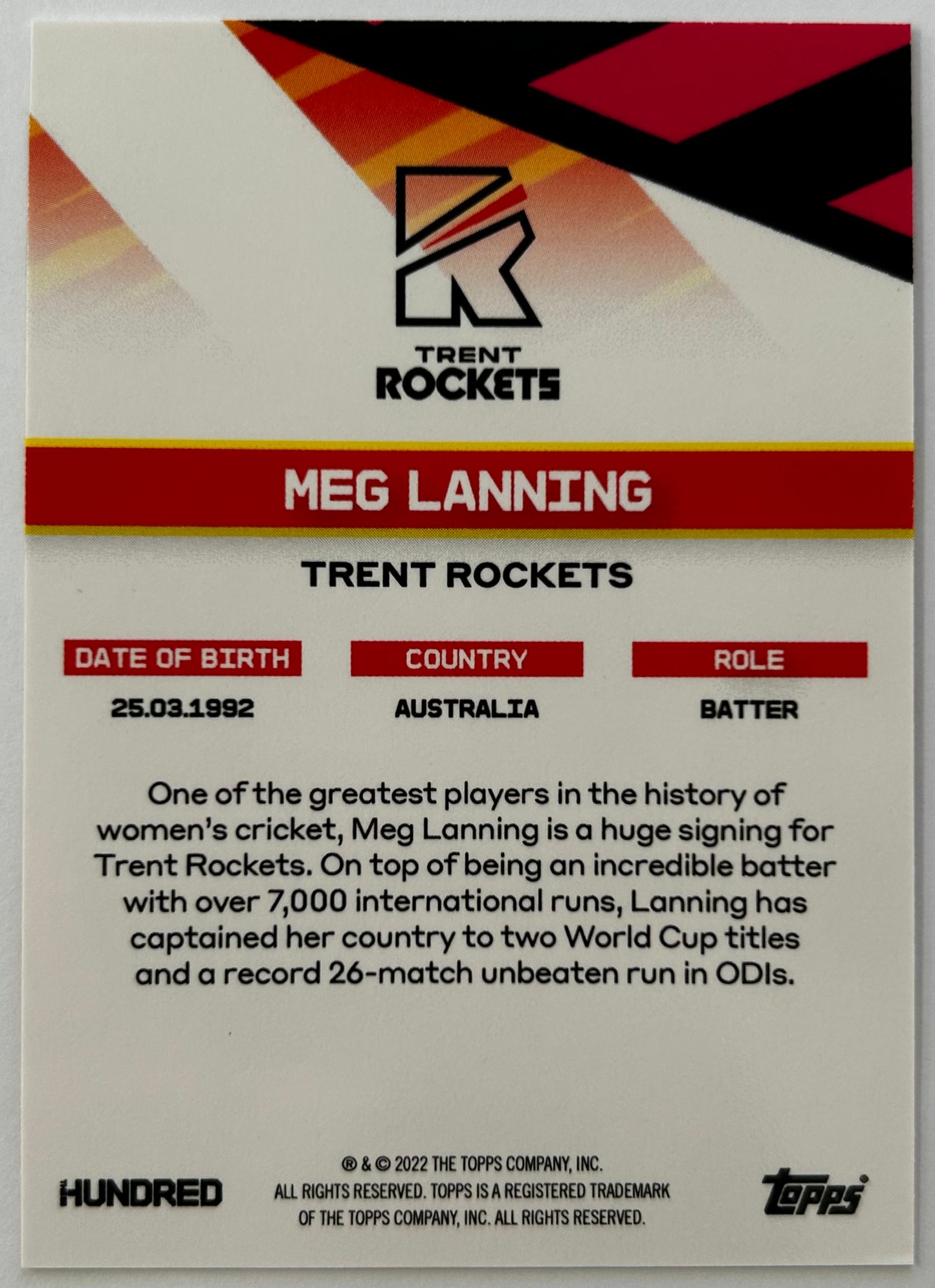 Topps The Hundred 2022 Trading Card Collection - MEG LANNING (Trent Rockets)