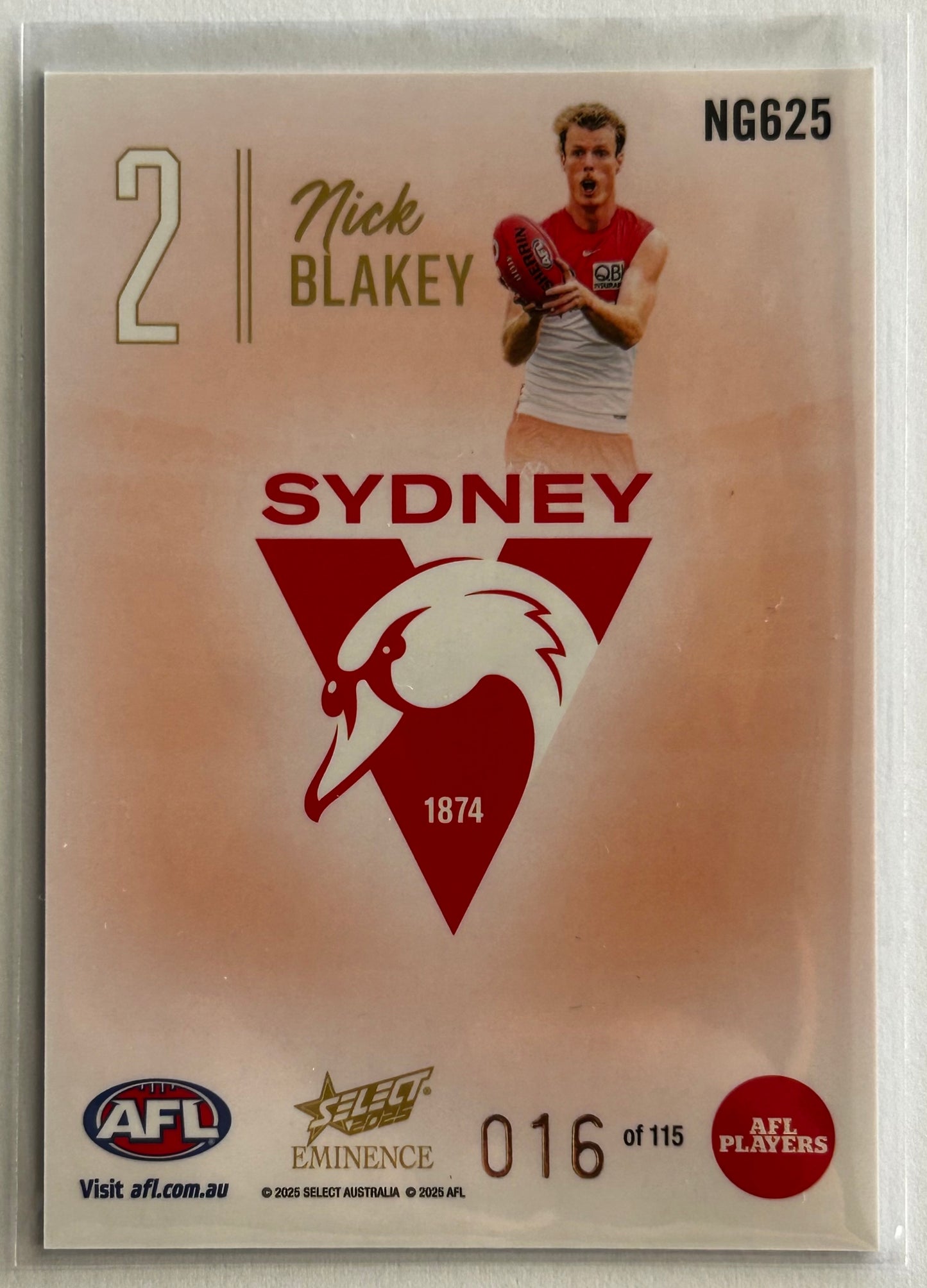 2025 AFL Select Eminence - NICK BLAKEY (SYDNEY SWANS) Nameplate Gold '2' /115 NG625