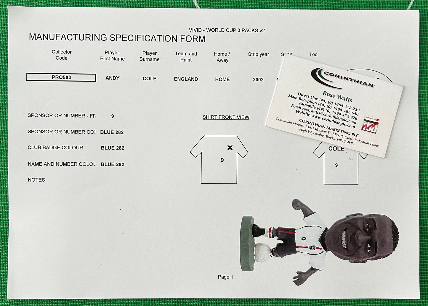Corinthian ProStars Manufacturing Specification Form - ANDY COLE (ENGLAND) Vivid World Cup 2002 3 Packs PRO583