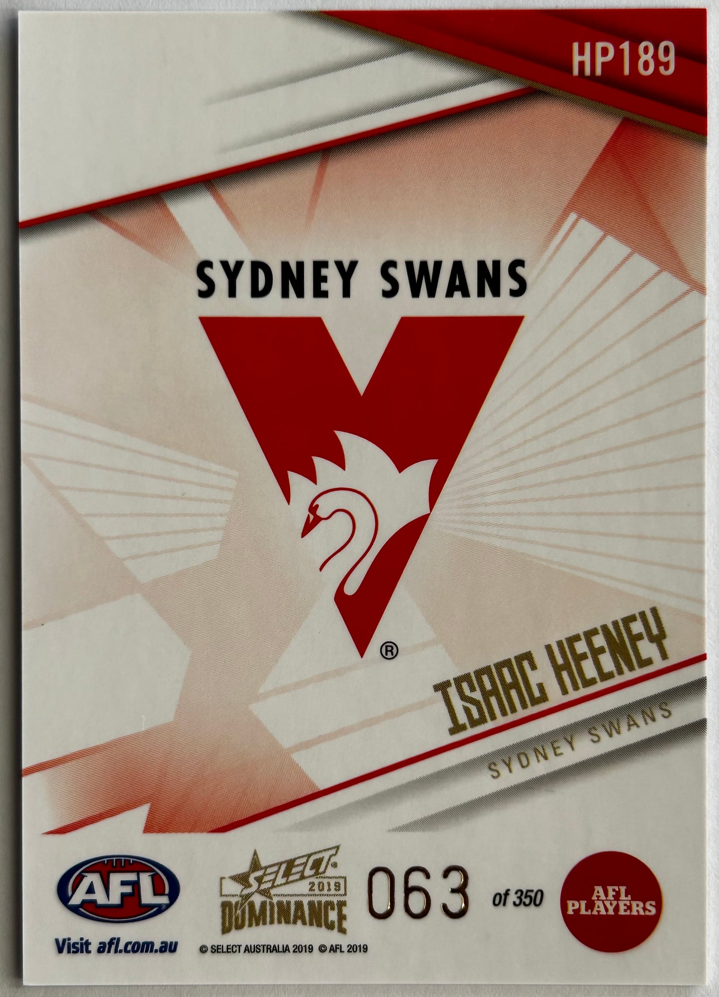 2019 AFL Select Dominance - ISAAC HEENEY (SYDNEY SWANS) Holographic Parallel HP189 /350