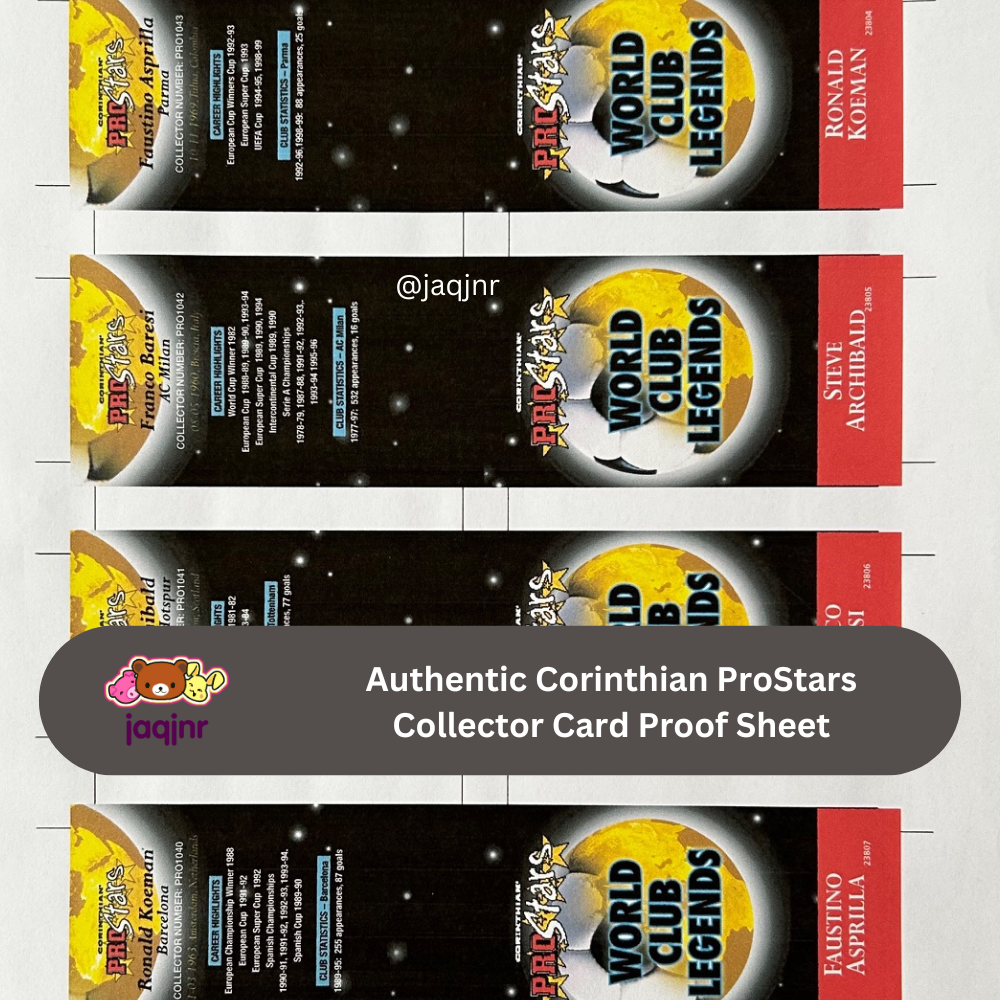 Corinthian ProStars Collector Card Proof Sheet - WORLD CLUB LEGENDS (PRO1040 to PRO1043) inc Koeman, Archibald, Baresi & Asprilla