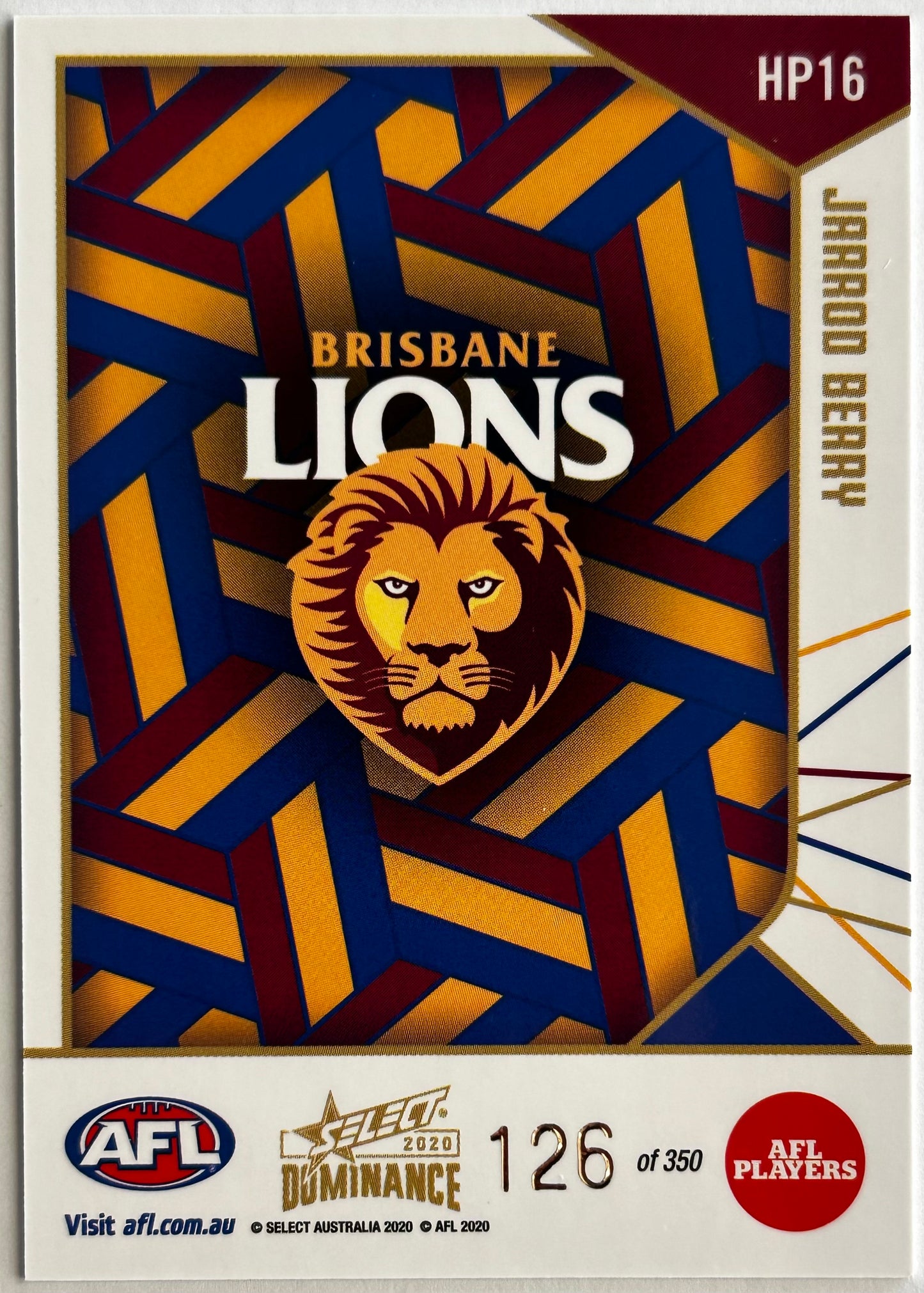 2020 AFL Select Dominance - JARROD BERRY (BRISBANE LIONS) Holographic Parallel HP16 /350