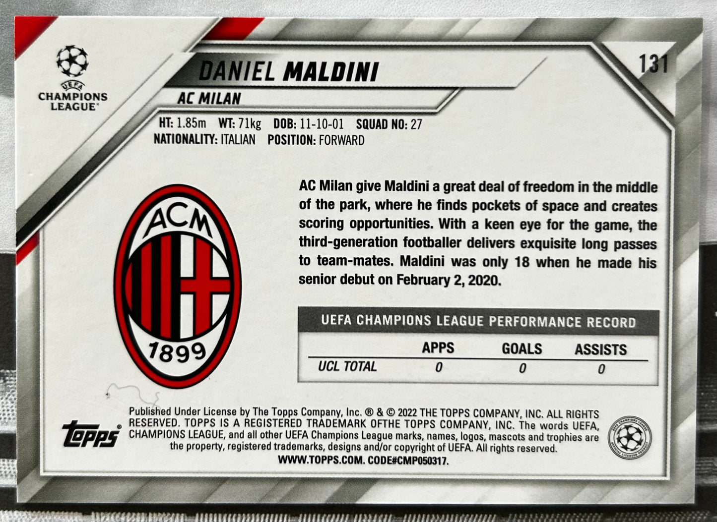 Topps UEFA Chrome Sapphire 2021-22 - DANIEL MALDINI (AC MILAN) #131