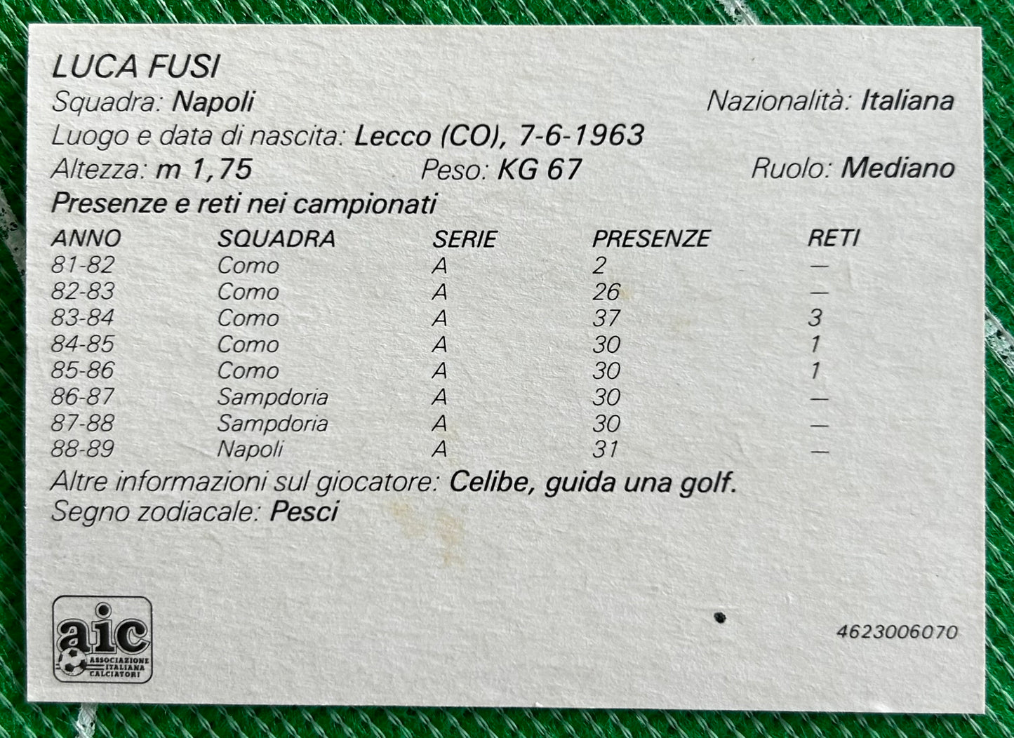 Tonka Forza Campioni Collector Card - LUCA FUSI (NAPOLI) 1989 Release