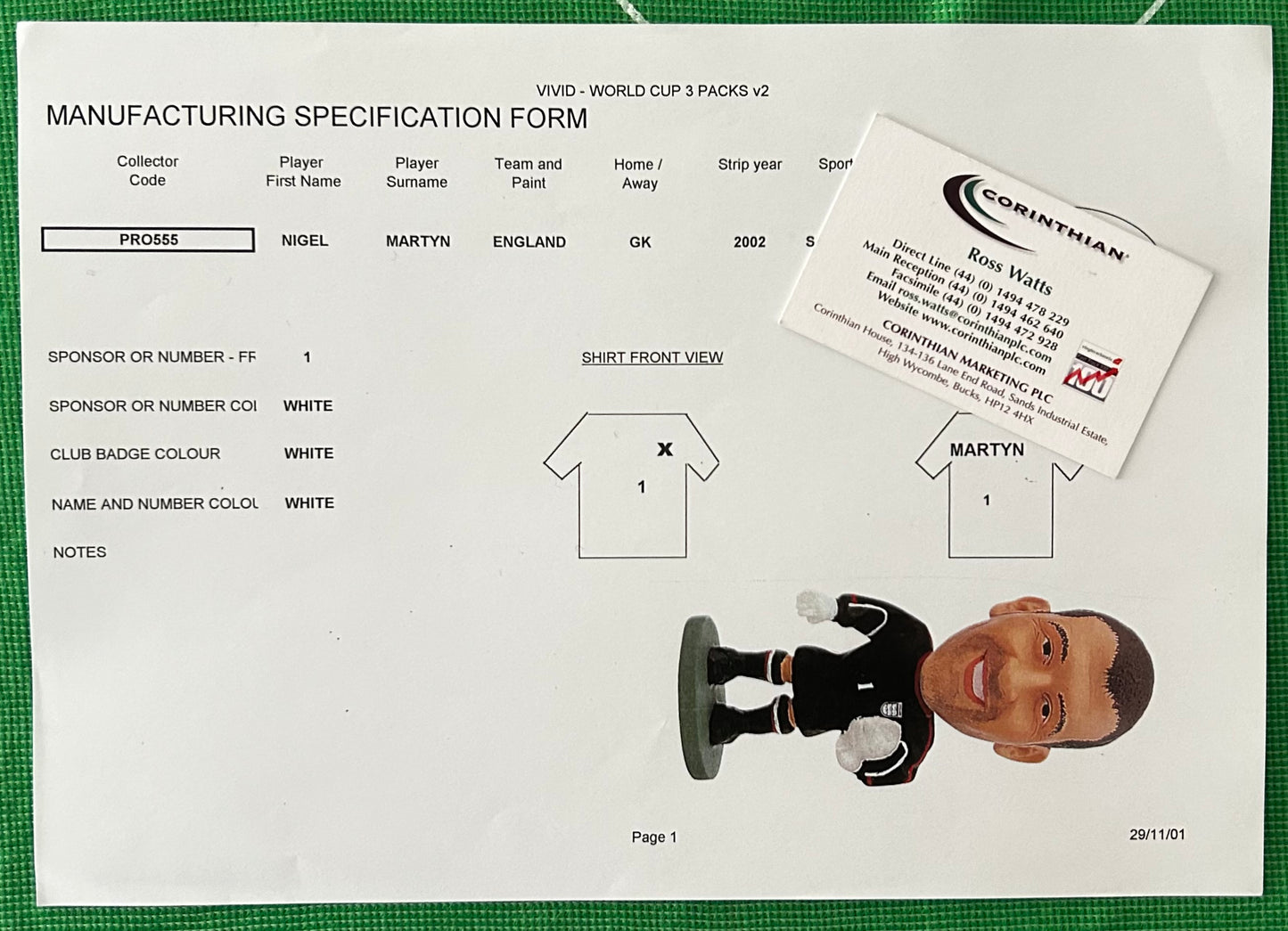 Corinthian ProStars Manufacturing Specification Form - NIGEL MARTYN (ENGLAND) Vivid World Cup 2002 3 Packs PRO555