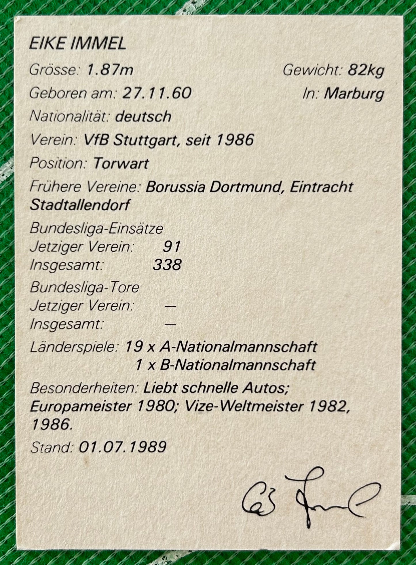 Tonka Sportstars Collector Card - EIKE IMMEL (STUTTGART) 1989 Release