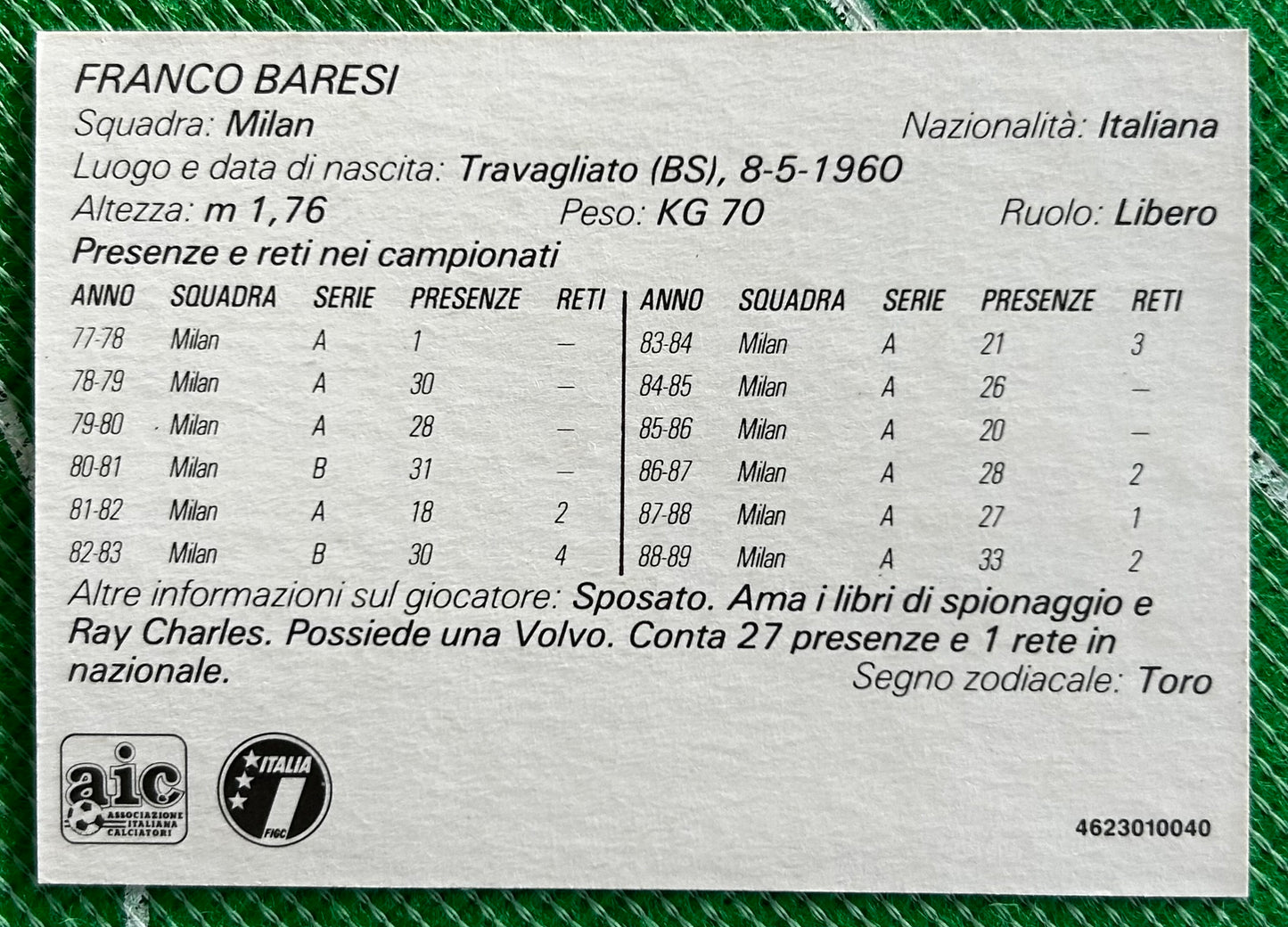 Tonka Forza Campioni Collector Card - FRANCO BARESI (ITALY) 1989 Release