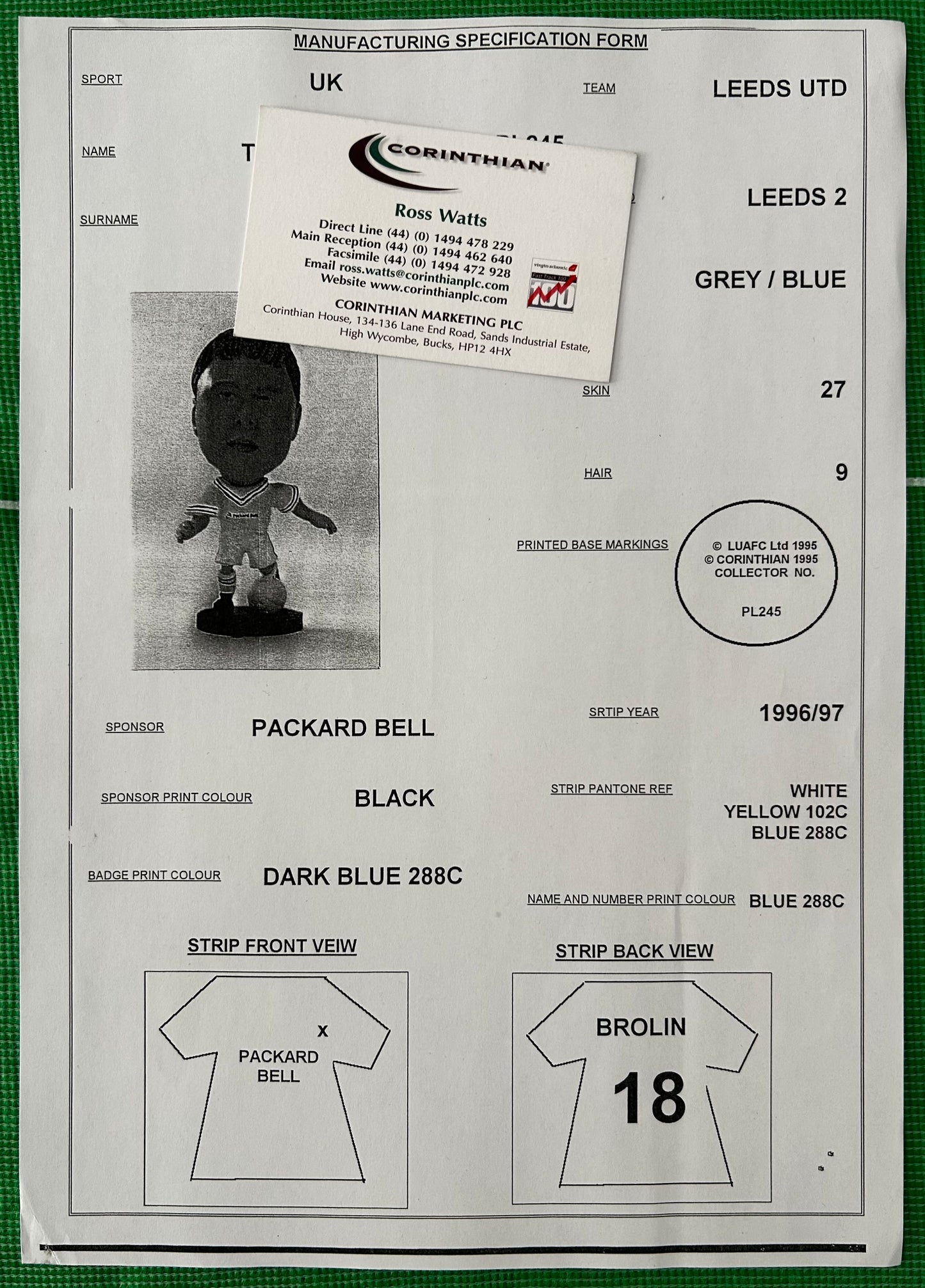 Corinthian Manufacturing Specification Form - TOMAS BROLIN (LEEDS UNITED) 1996-97 PL245