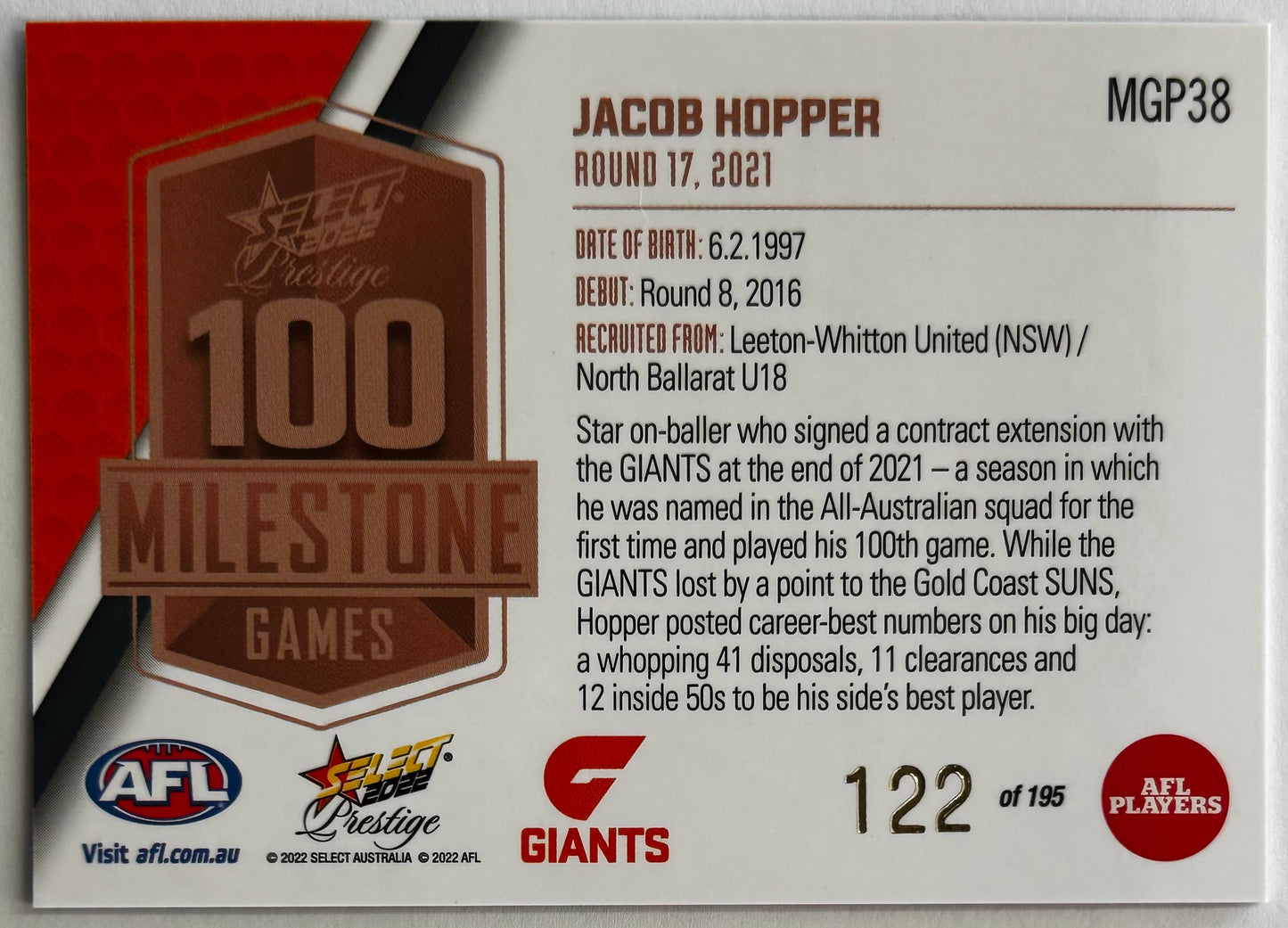 2022 AFL Select Prestige - JACOB HOPPER (GWS GIANTS) Milestones MGP38 /195