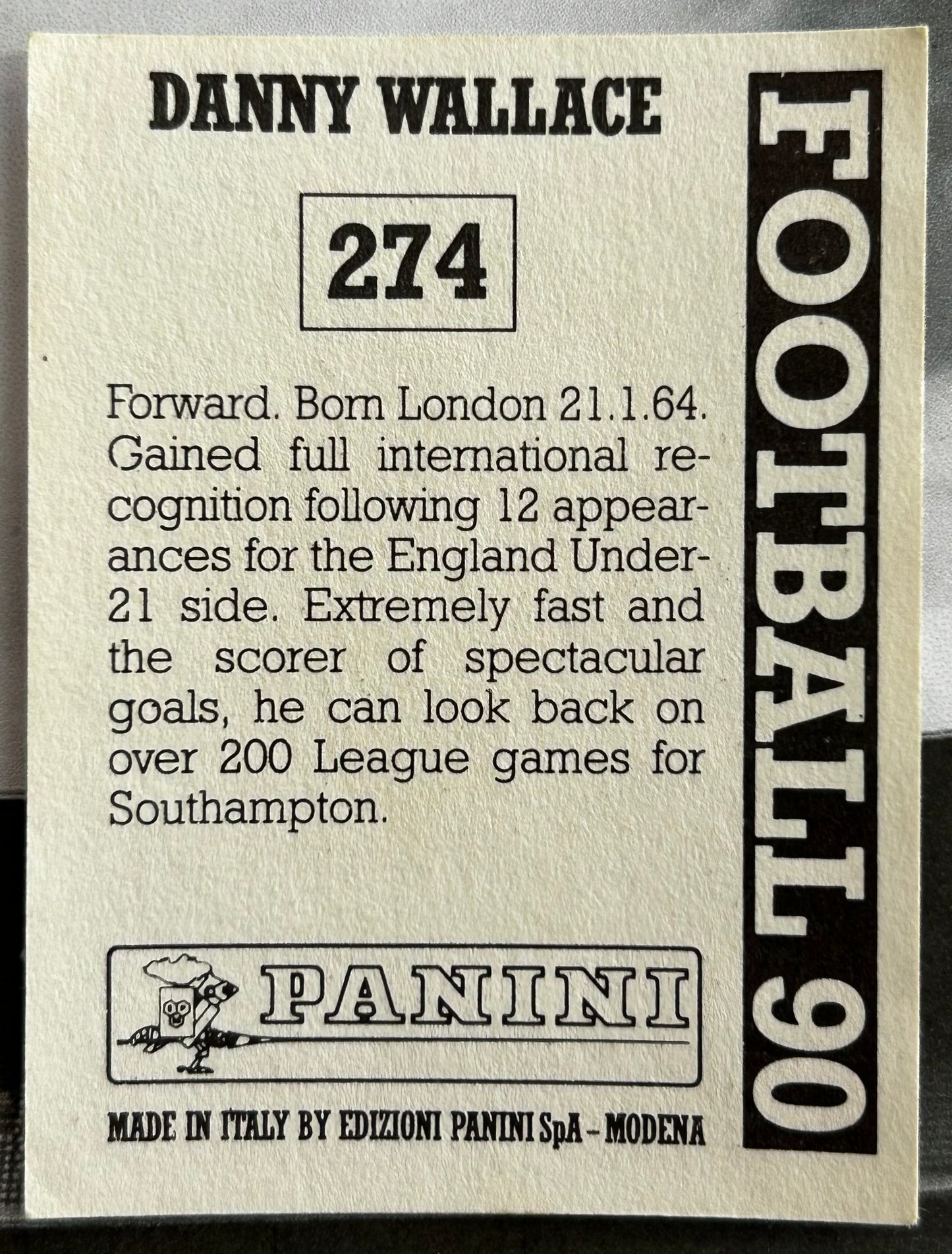 Panini Football 90 Sticker - DANNY WALLACE (SOUTHAMPTON) #274