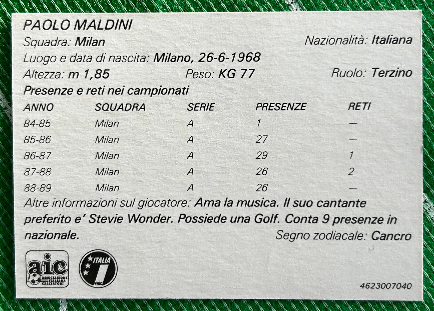 Tonka Forza Campioni Collector Card - PAOLO MALDINI (AC MILAN) 1989 Release