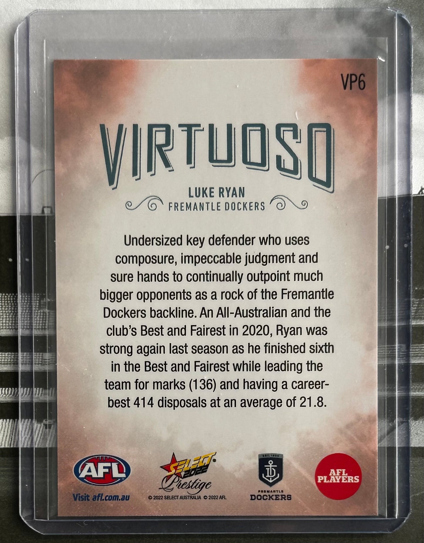 Select AFL Footy Stars 2022 - LUKE RYAN (FREMANTLE DOCKERS) Virtuoso Platinum VP6 /50