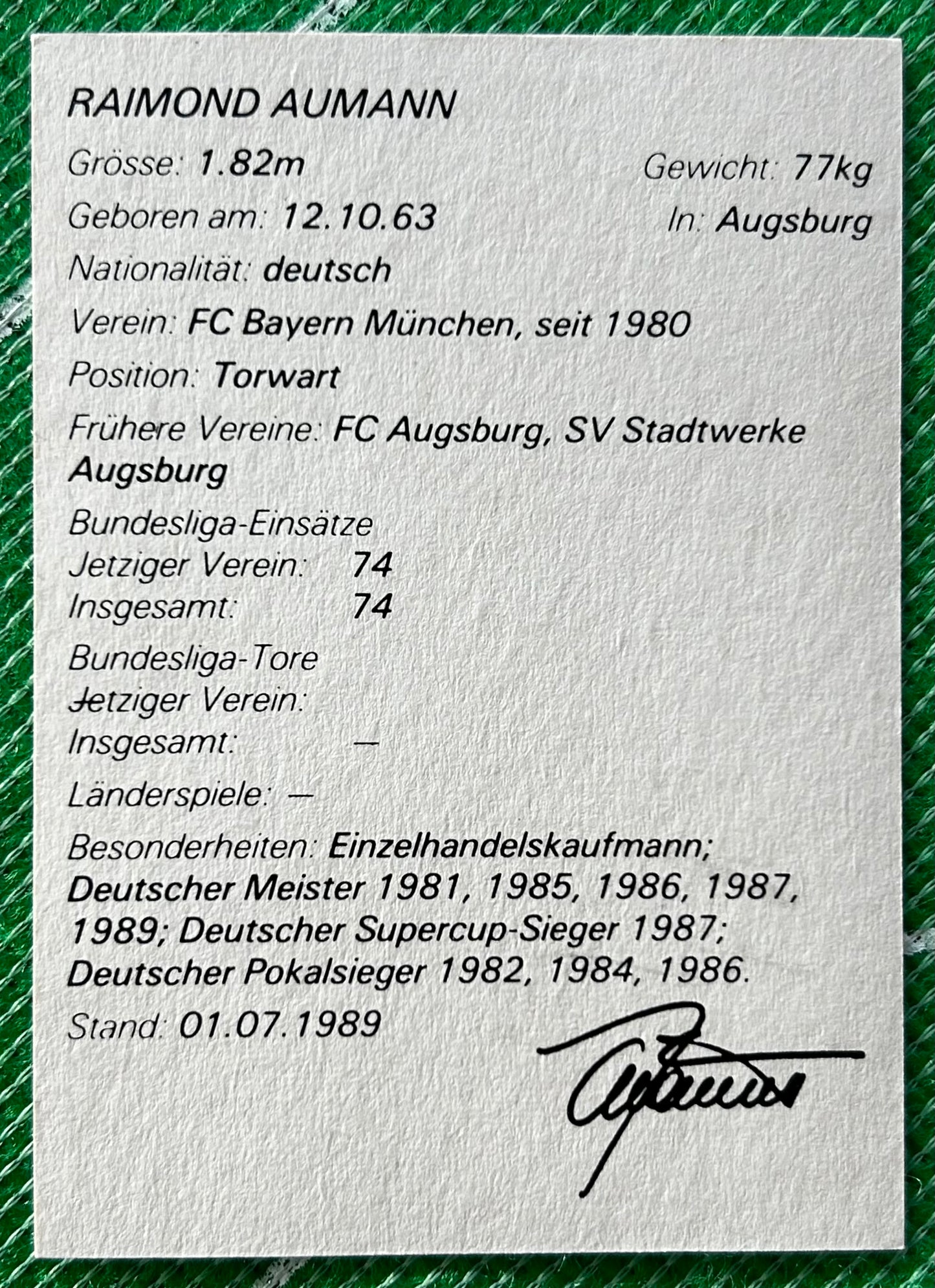 Tonka Sportstars Collector Card - RAIMOND AUMANN (BAYERN MUNICH) 1989 Release