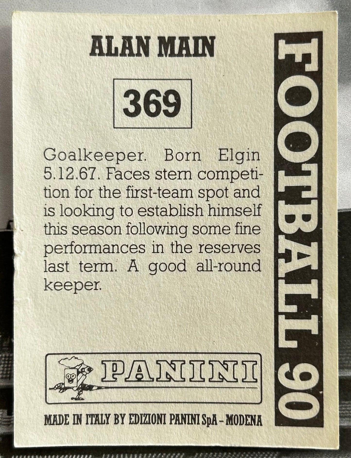 Panini Football 90 Sticker - ALAN MAIN (DUNDEE UNITED) #369