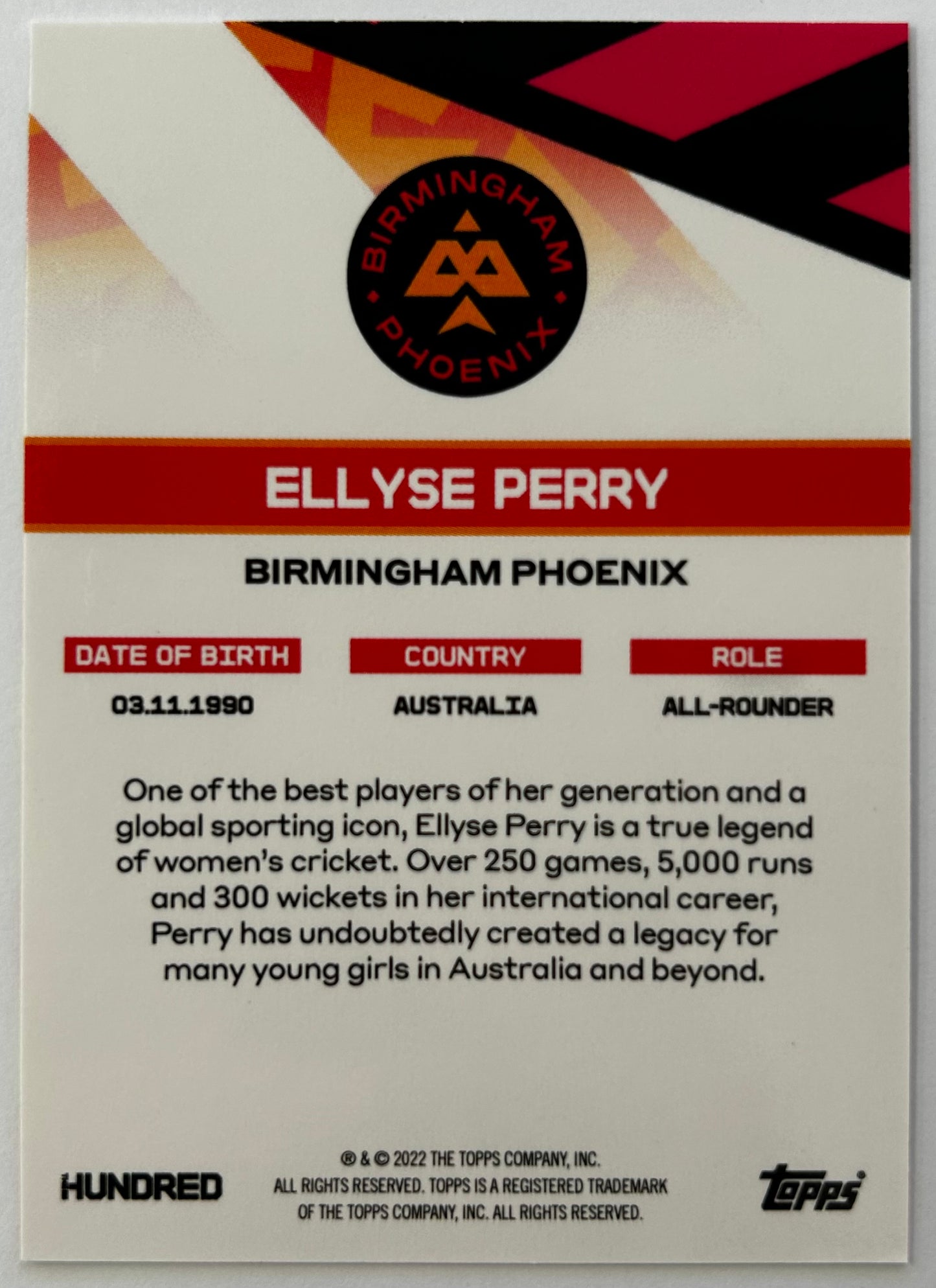 Topps The Hundred 2022 Trading Card Collection - ELLYSE PERRY (Birmingham Phoenix) Superstar