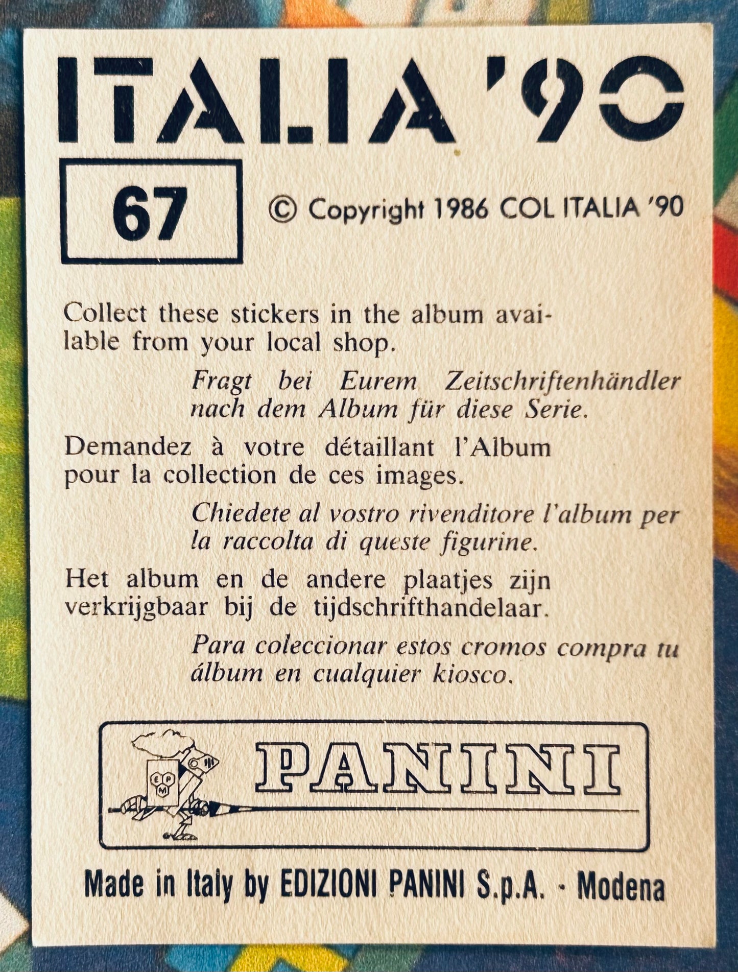 Panini FIFA World Cup Italia 90 Sticker - MANFRED ZSAK (AUSTRIA) #67