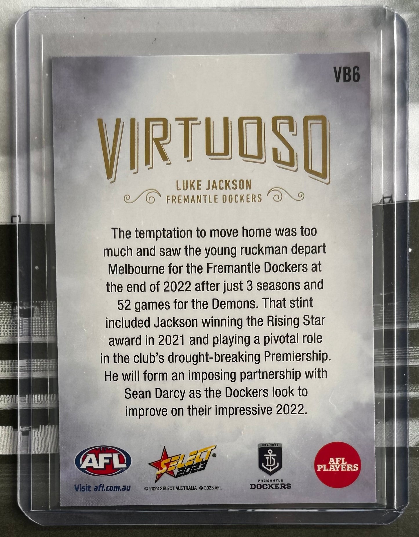 Select AFL Footy Stars 2023 - LUKE JACKSON (FREMANTLE DOCKERS) Virtuoso VB6 /60