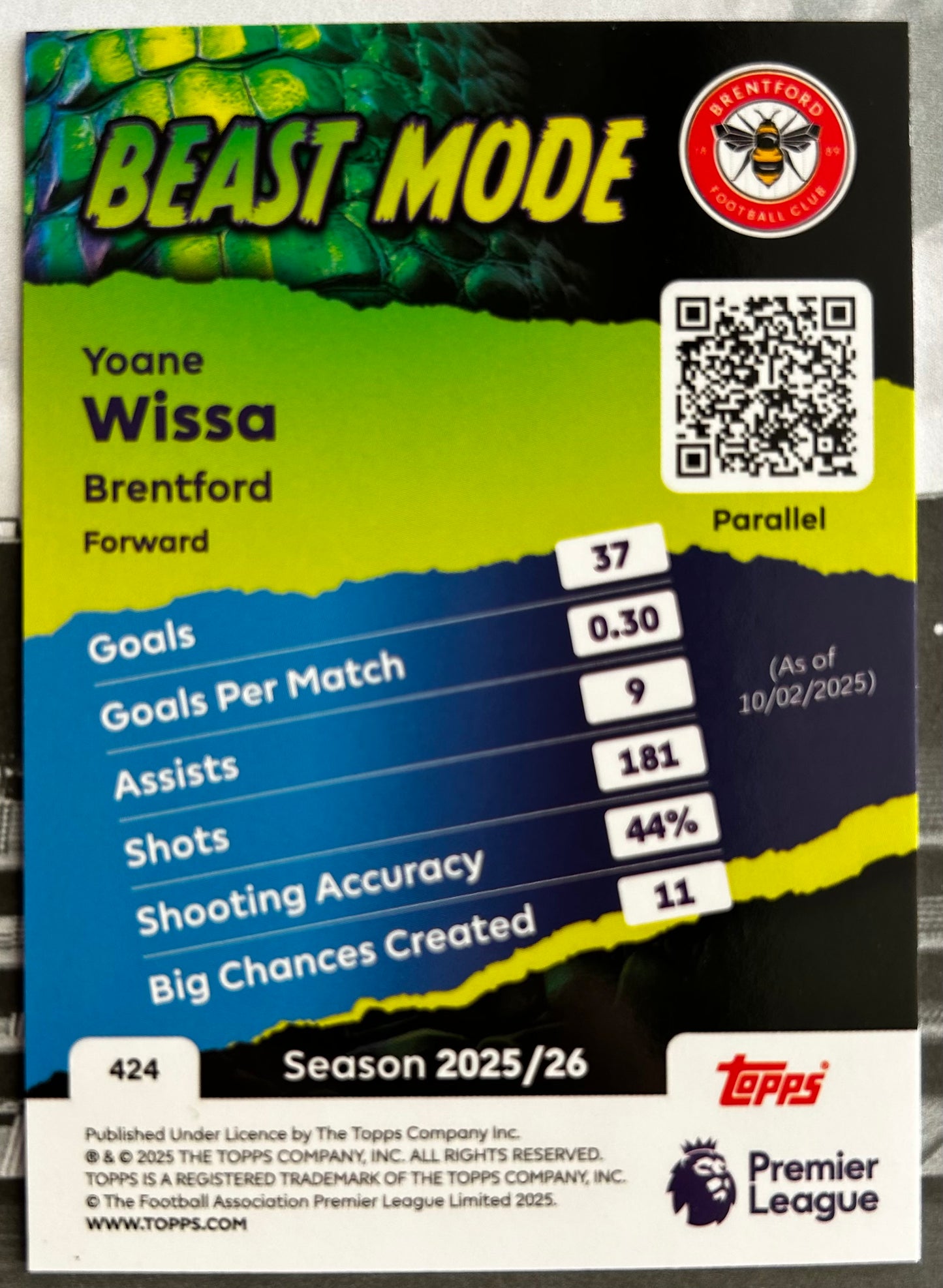 Topps Premier League 2026 Debut Edition - YOANE WISSA (BRENTFORD) Beast Mode #434 Orange Sparkle /25