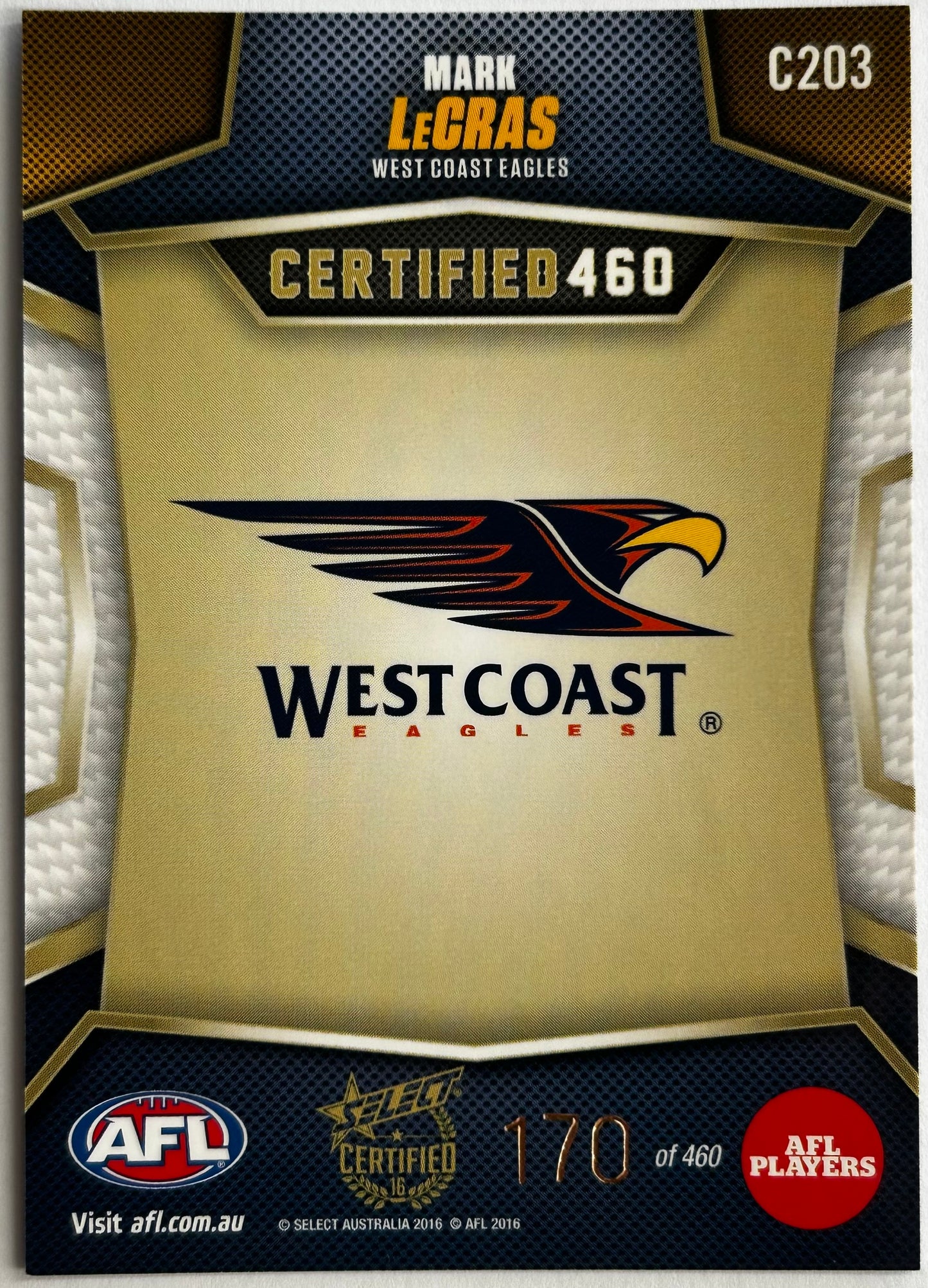 Select AFL 2016 Certified - JOSH HILL (WEST COAST EAGLES) Certified 460 C201