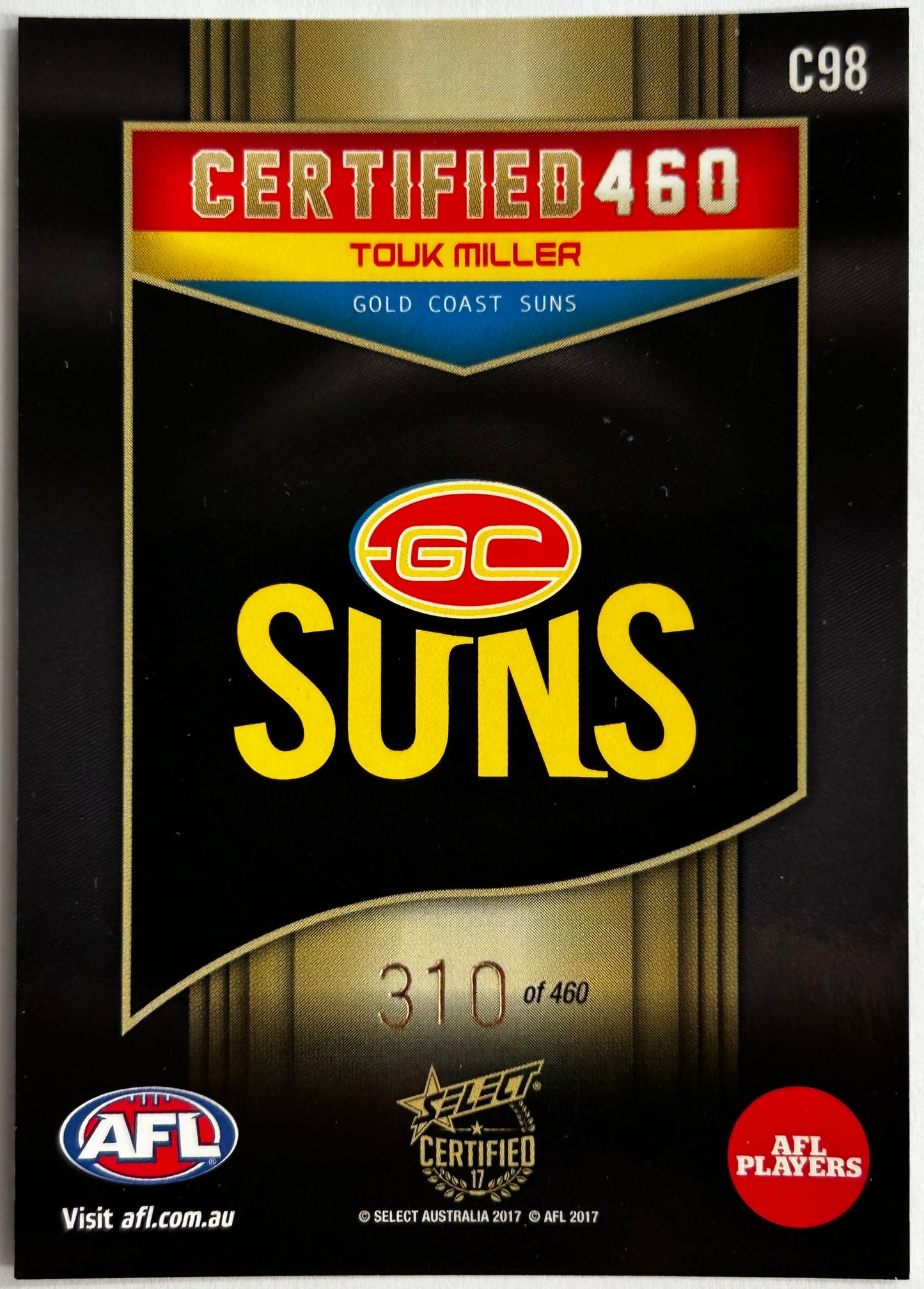 Select AFL 2017 Certified - TOUK MILLER (GOLD COAST SUNS) Certified 460 C98