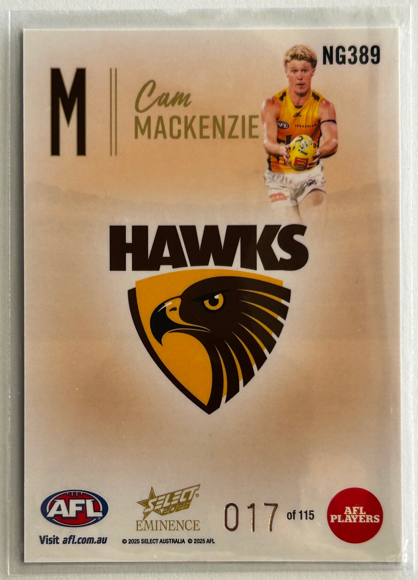 2025 AFL Select Eminence - CAM MACKENZIE (HAWTHORN) Nameplate Gold 'M' /115 NG389