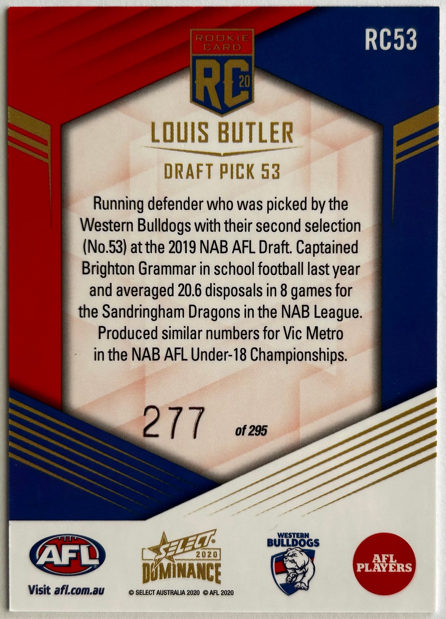 2020 AFL Select Dominance - LOUIS BUTLER (WESTERN BULLDOGS) Rookie Card RC53 /295