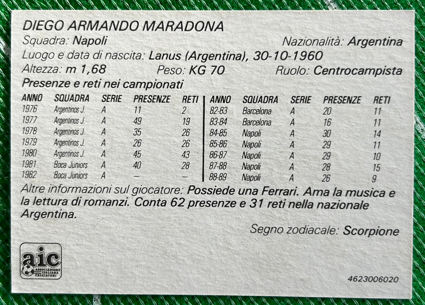 Tonka Forza Campioni Collector Card - DIEGO A. MARADONA (NAPOLI) 1989 Release